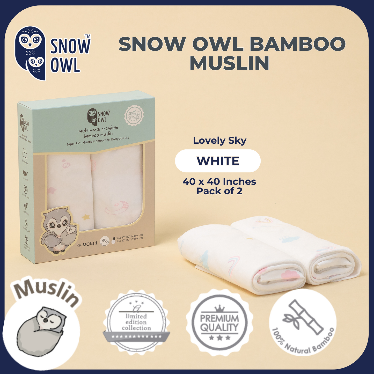 SNOW OWL BAMBOO Muslin 40x40 Pack of 2 - Lovely Sky White