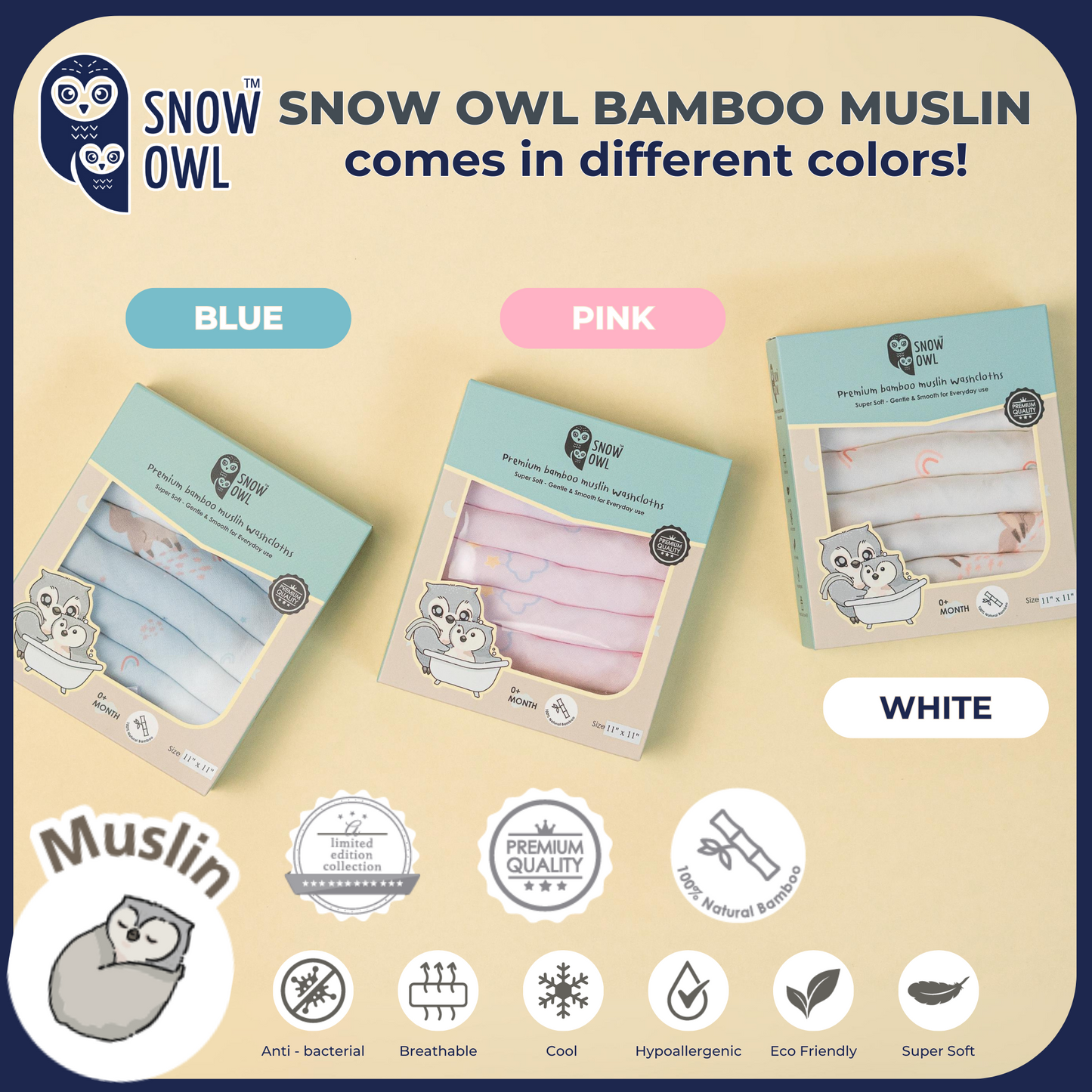 SNOW OWL BAMBOO Muslin 11x11 Pack of 6 - Spring Fox Blue
