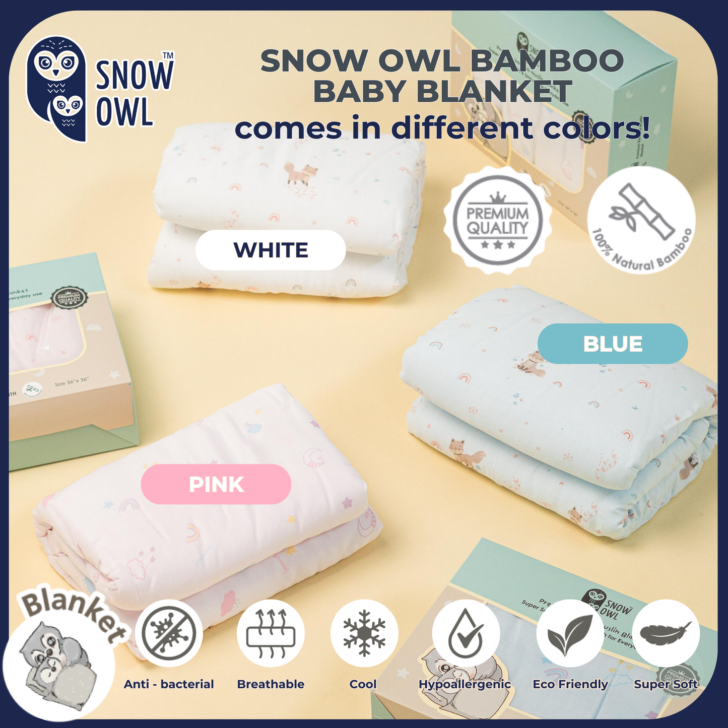 SNOW OWL BAMBOO Blanket Baby 36x36 - Lovely Sky White