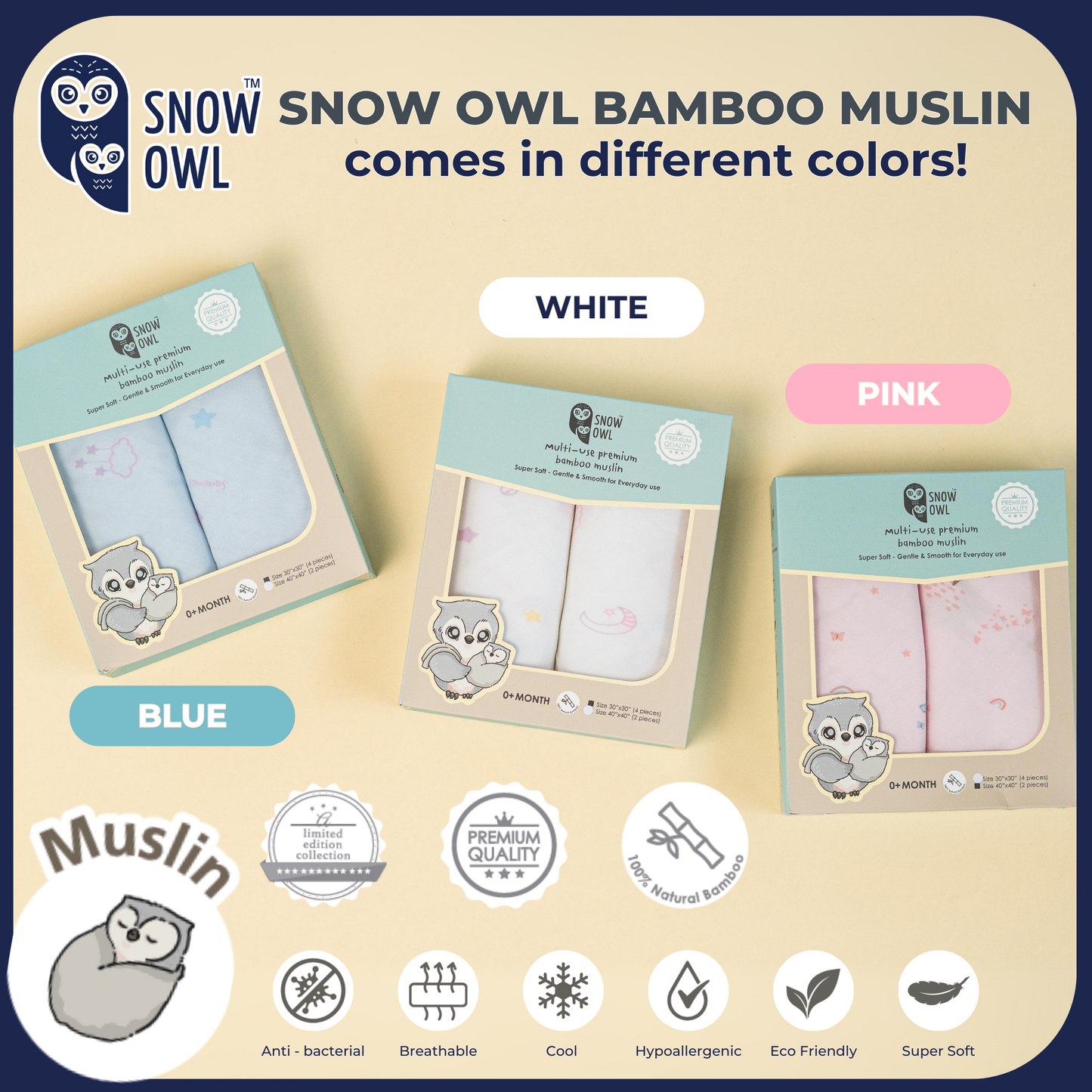 SNOW OWL BAMBOO Muslin 40x40 Pack of 2 - Spring Fox White