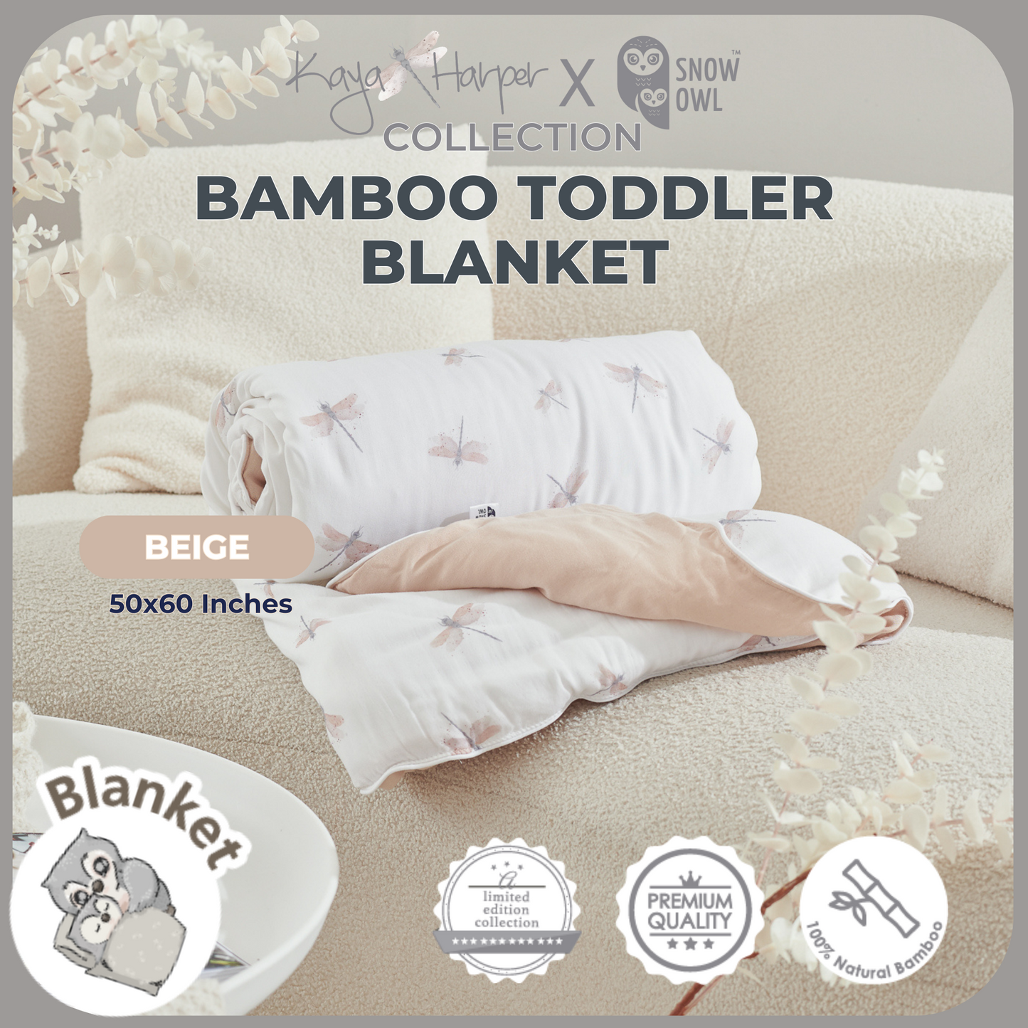 Snow Owl Bamboo Toddler Blanket Kaya Harper - 50x60 Beige