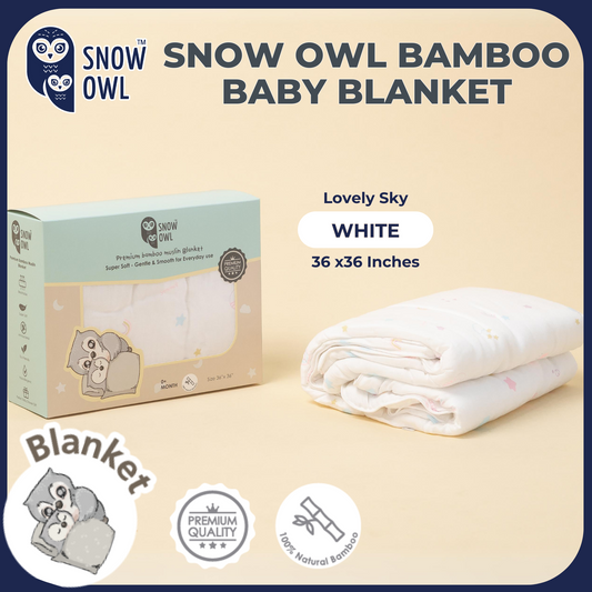 SNOW OWL BAMBOO Blanket Baby 36x36 - Lovely Sky White