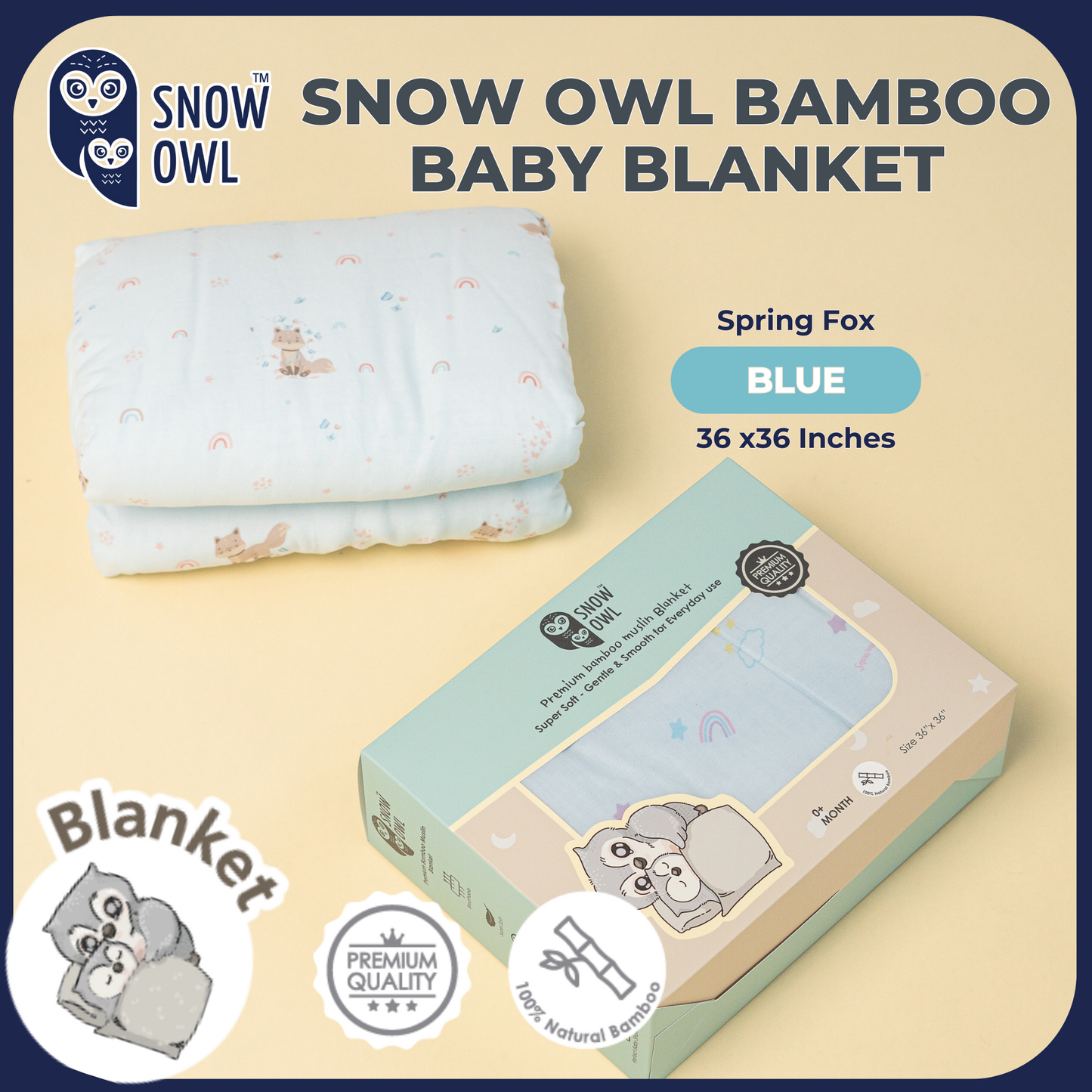 SNOW OWL BAMBOO Blanket Baby 36x36 - Spring Fox Blue