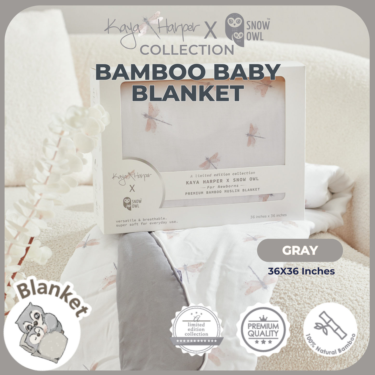 Snow Owl Bamboo Baby Blanket Kaya Harper - 36x36 Gray