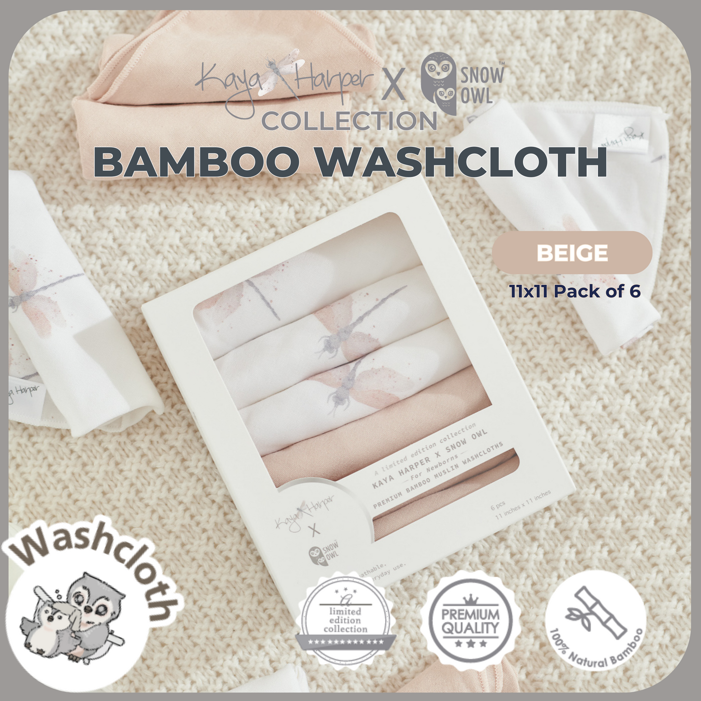 Snow Owl Bamboo Washcloth Kaya Harper 11x11 Pack of 6 - Dragonfly Beige