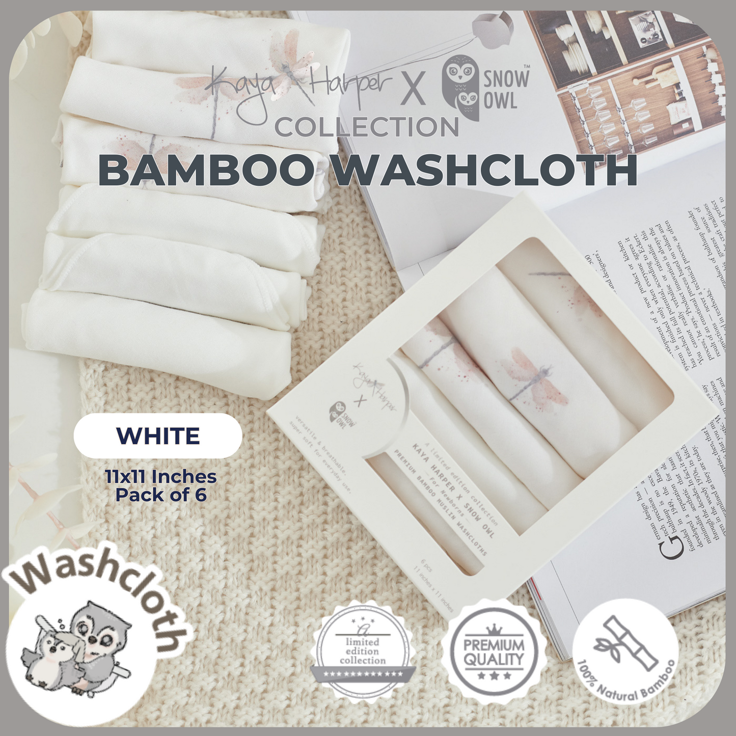 Snow Owl Bamboo Washcloth Kaya Harper 11x11 Pack of 6 - Dragonfly White