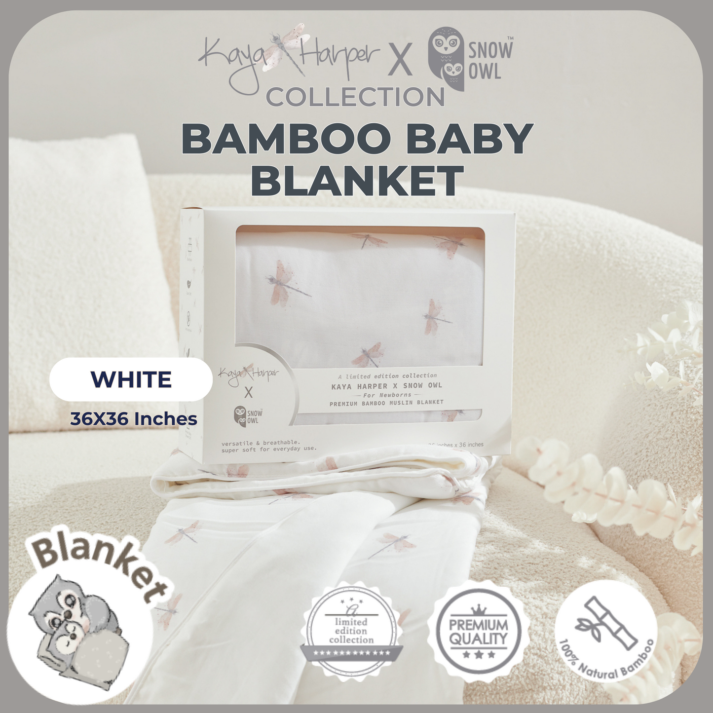 Snow Owl Bamboo Baby Blanket Kaya Harper - 36x36 White