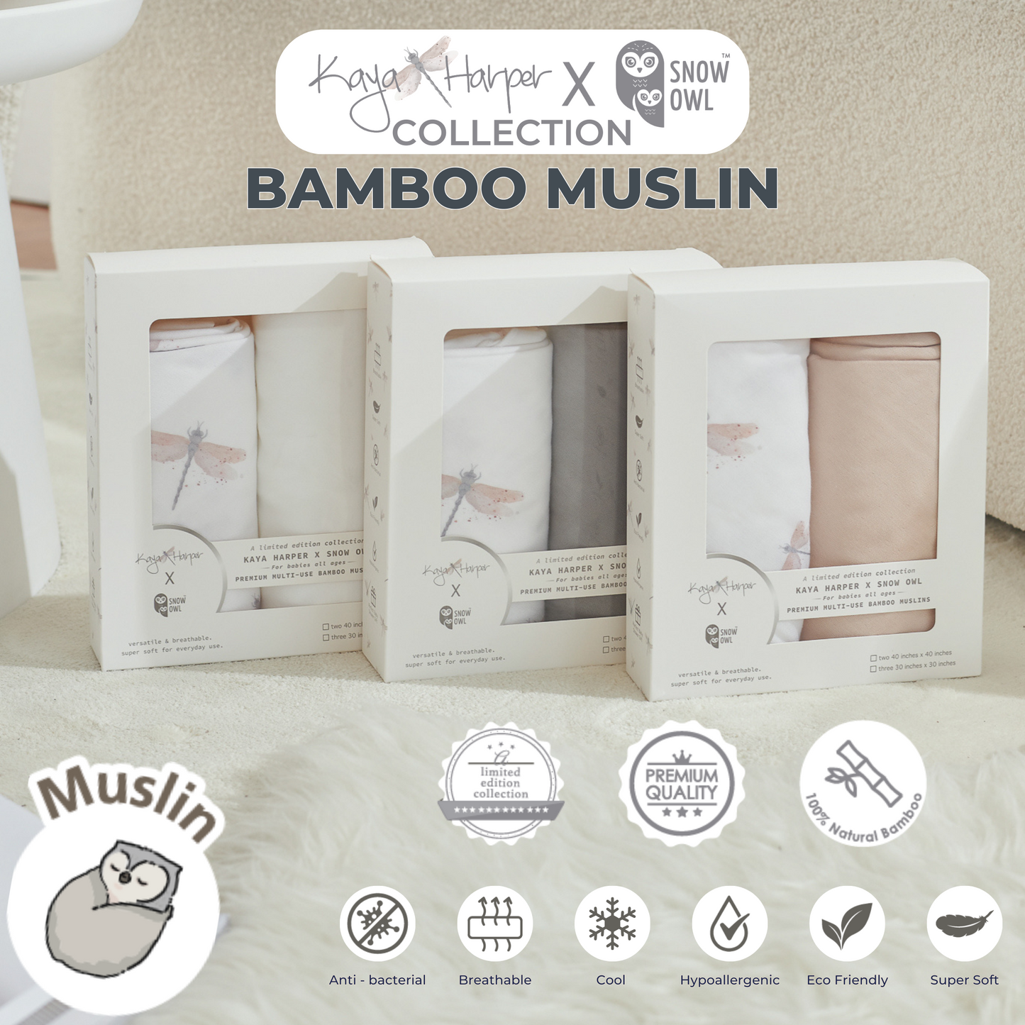 Snow Owl Bamboo Muslin Kaya Harper 40x40 Pack of 2 - Dragonfly Gray