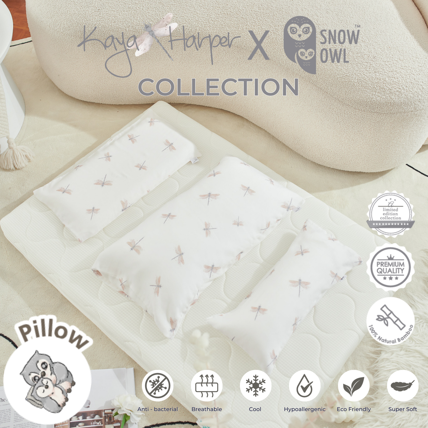 Snow Owl Bamboo Bolster Pillow Kaya Harper - Dragon Fly