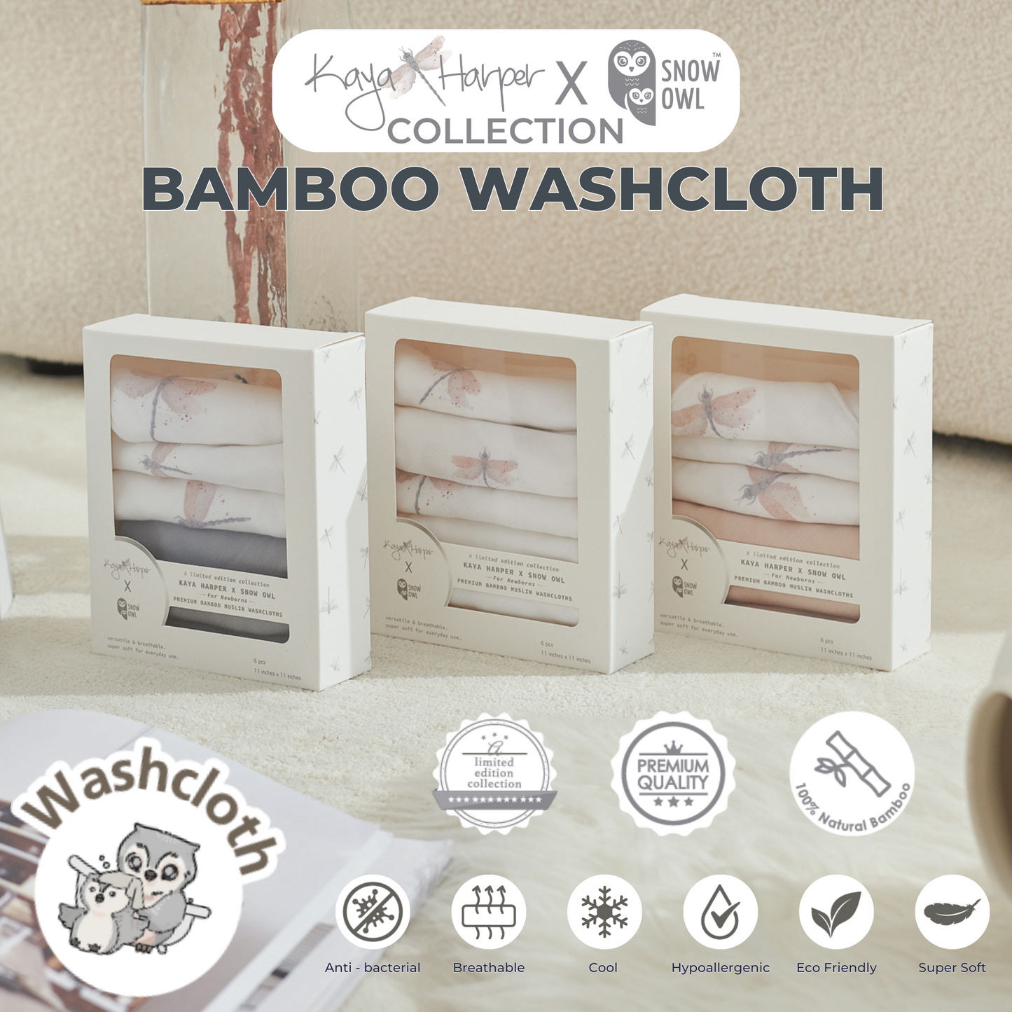 Snow Owl Bamboo Washcloth Kaya Harper 11x11 Pack of 6 - Dragonfly Beige