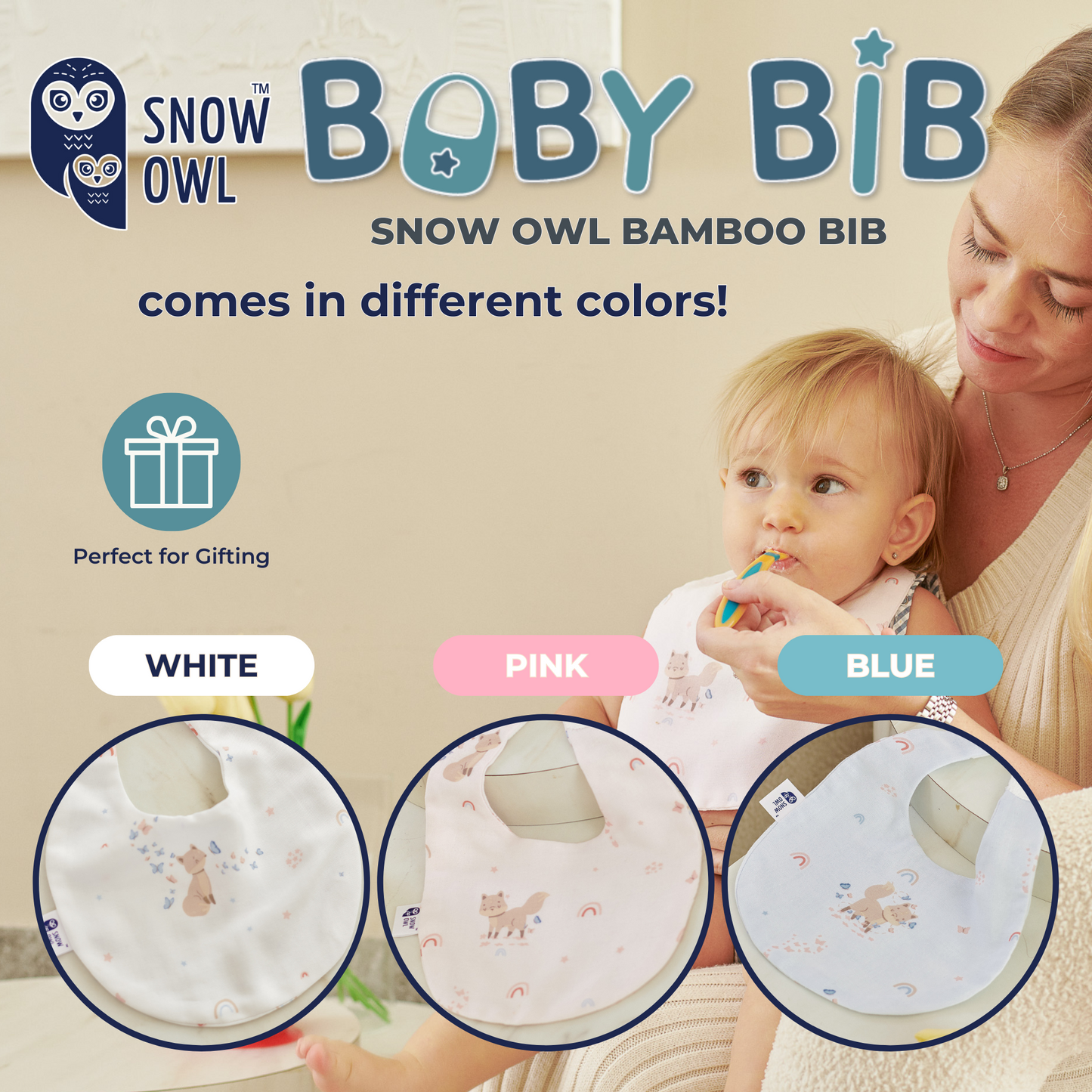Snow Owl Bamboo Baby Bib Spring Fox Blue