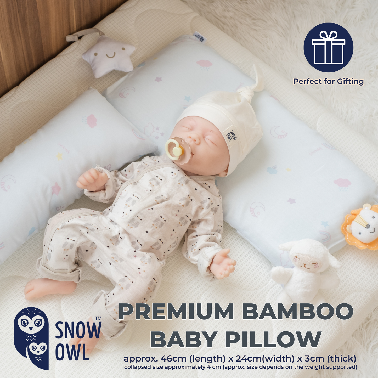 Snow Owl Bamboo Baby Pillow - Lovely Sky Blue