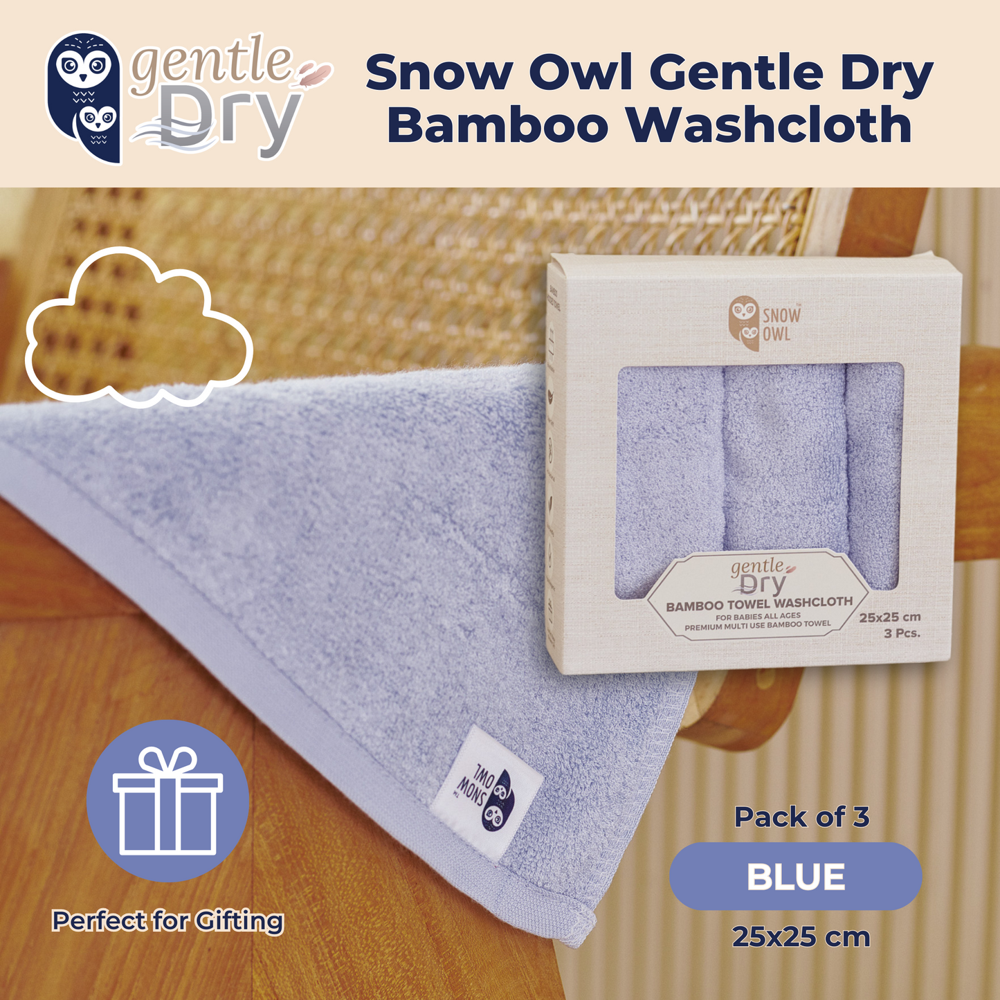 Snow Owl Gentle Dry Bamboo Washcloth - Blue (Pack of 3)