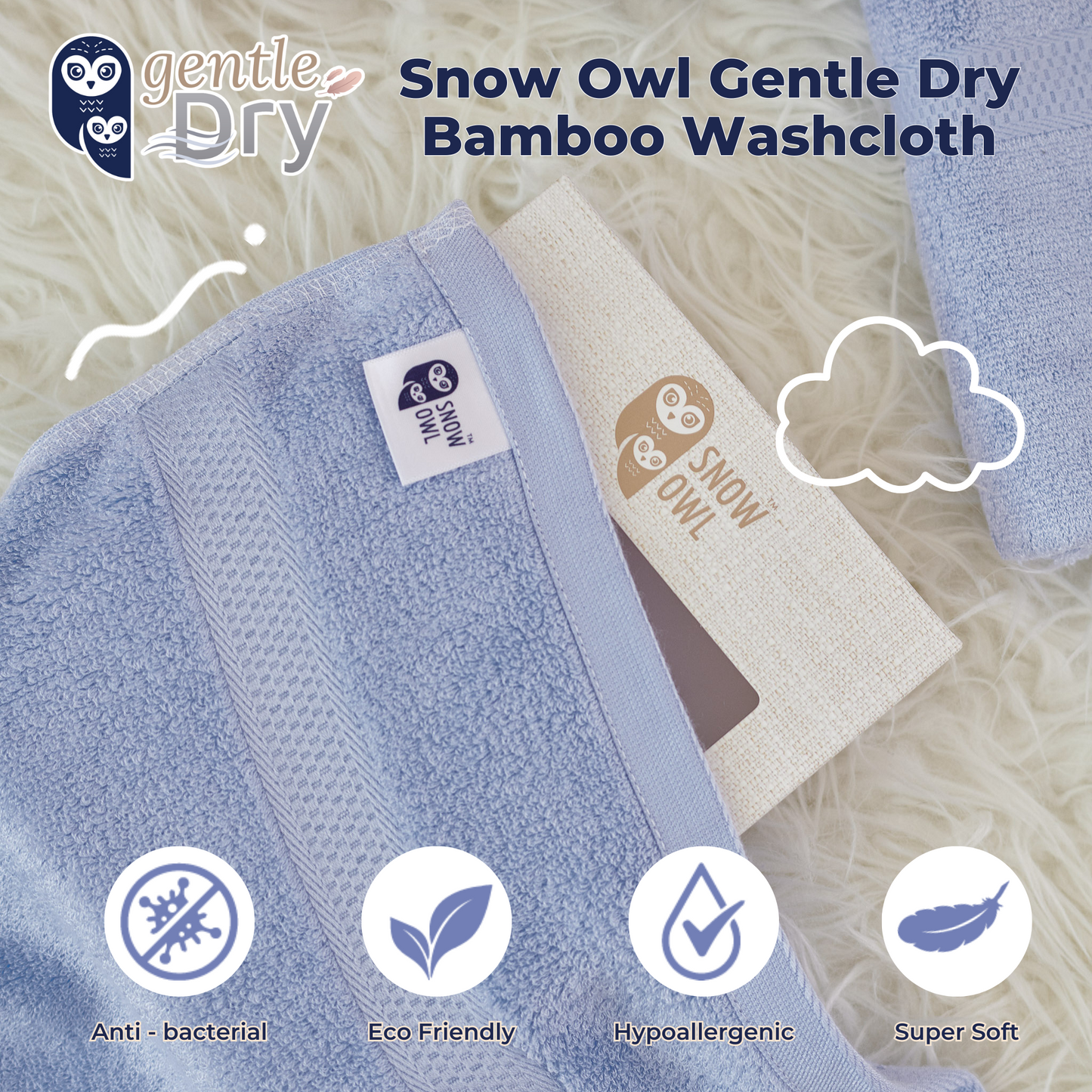 Snow Owl Gentle Dry Bamboo Washcloth - Blue (Pack of 3)