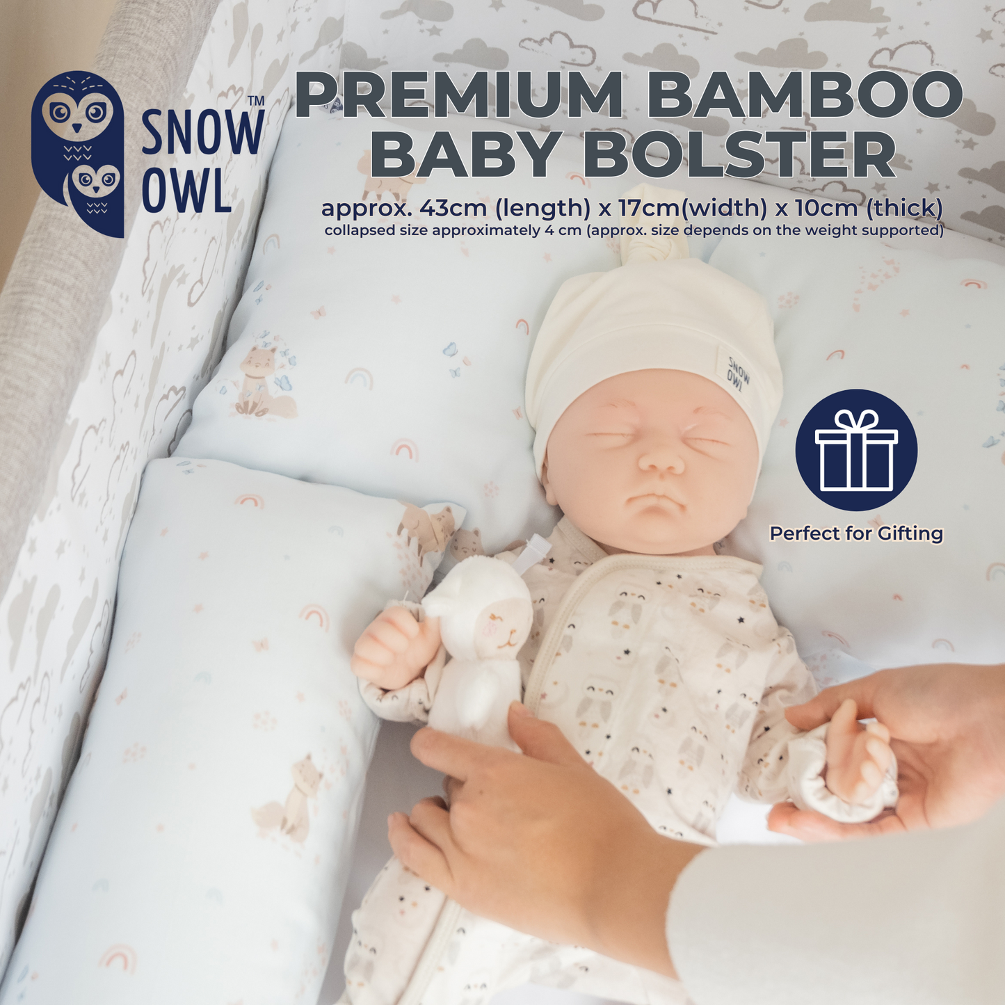 Snow Owl Bamboo Baby Bolster- Spring Fox Blue