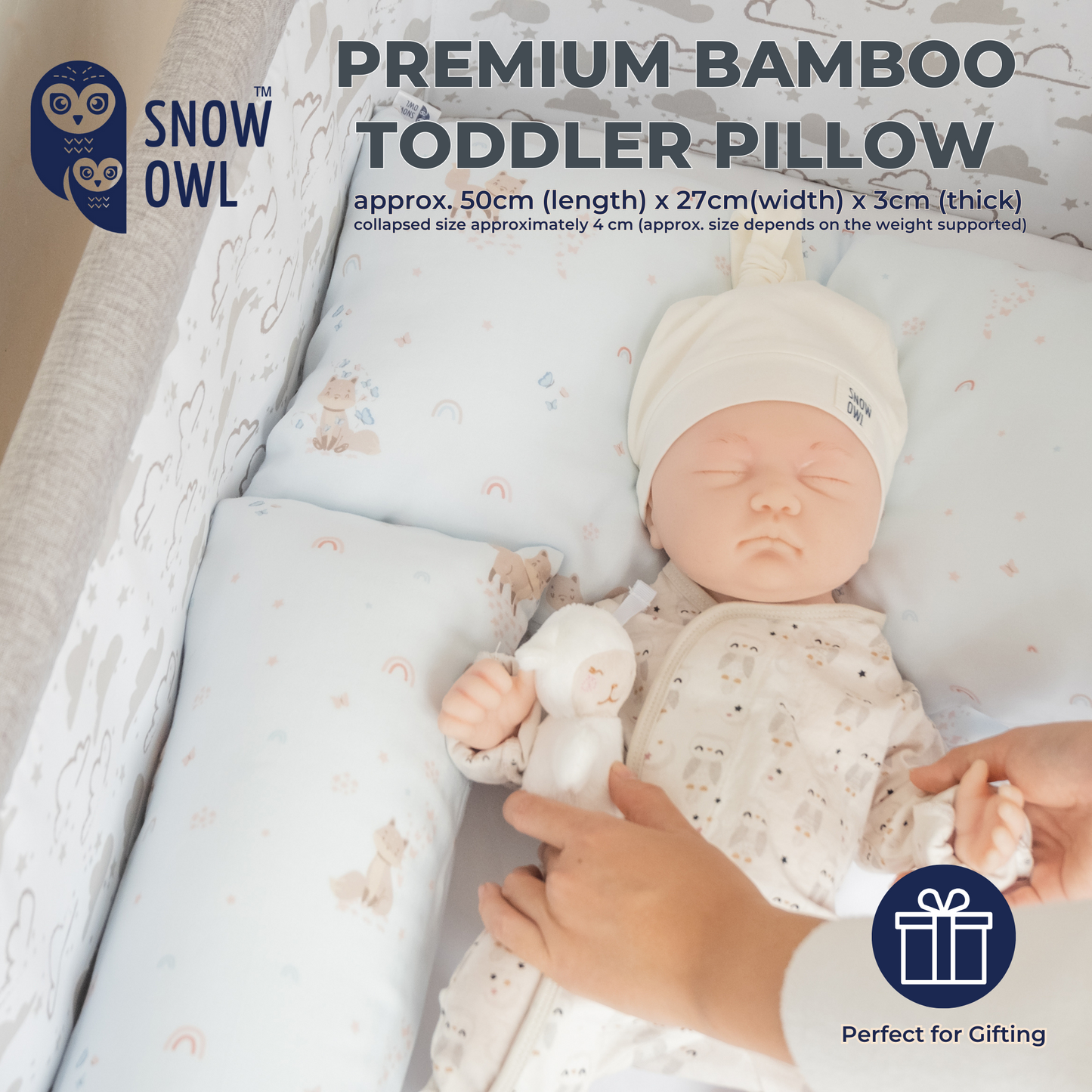 SNOW OWL BAMBOO Toddler Pillow - Spring Fox Blue