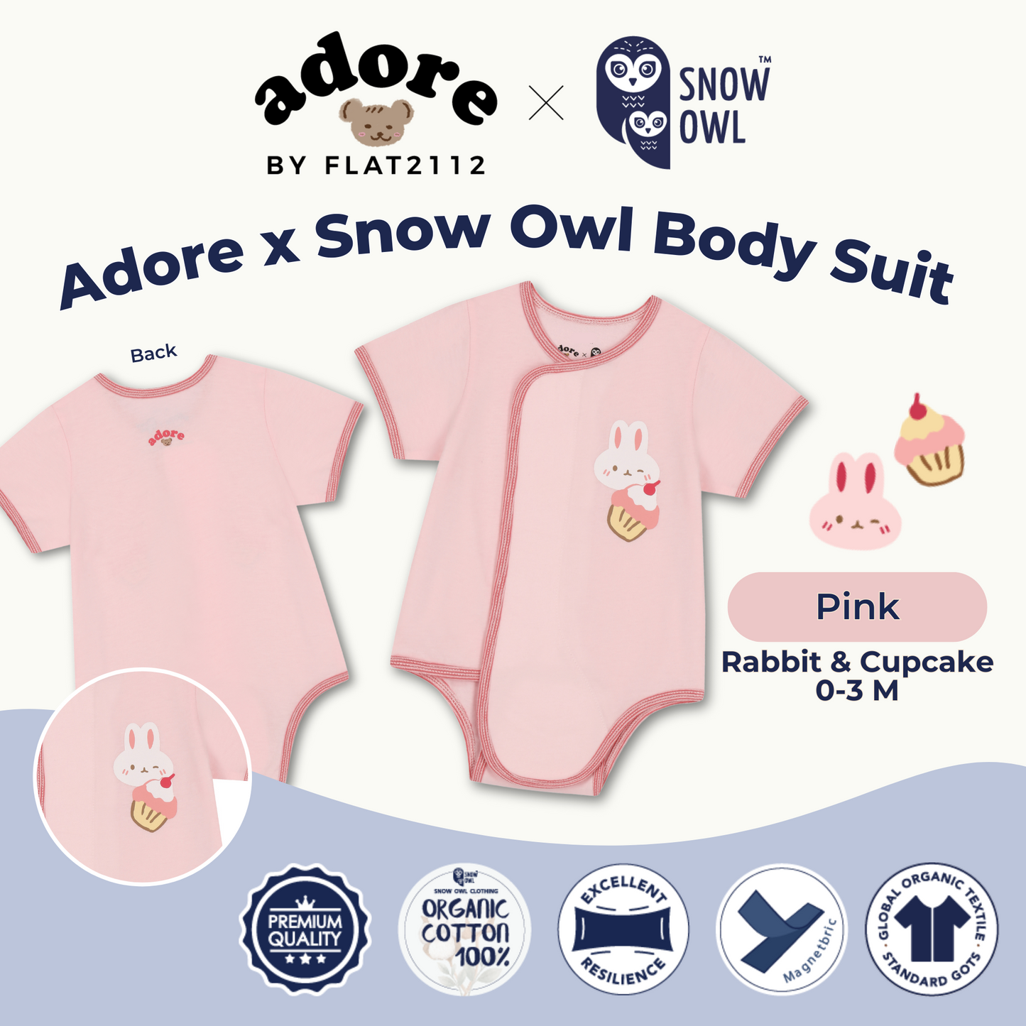 Adore x Snow Owl Body Suit - Rabbit & Cupcake Pink 0-3 M
