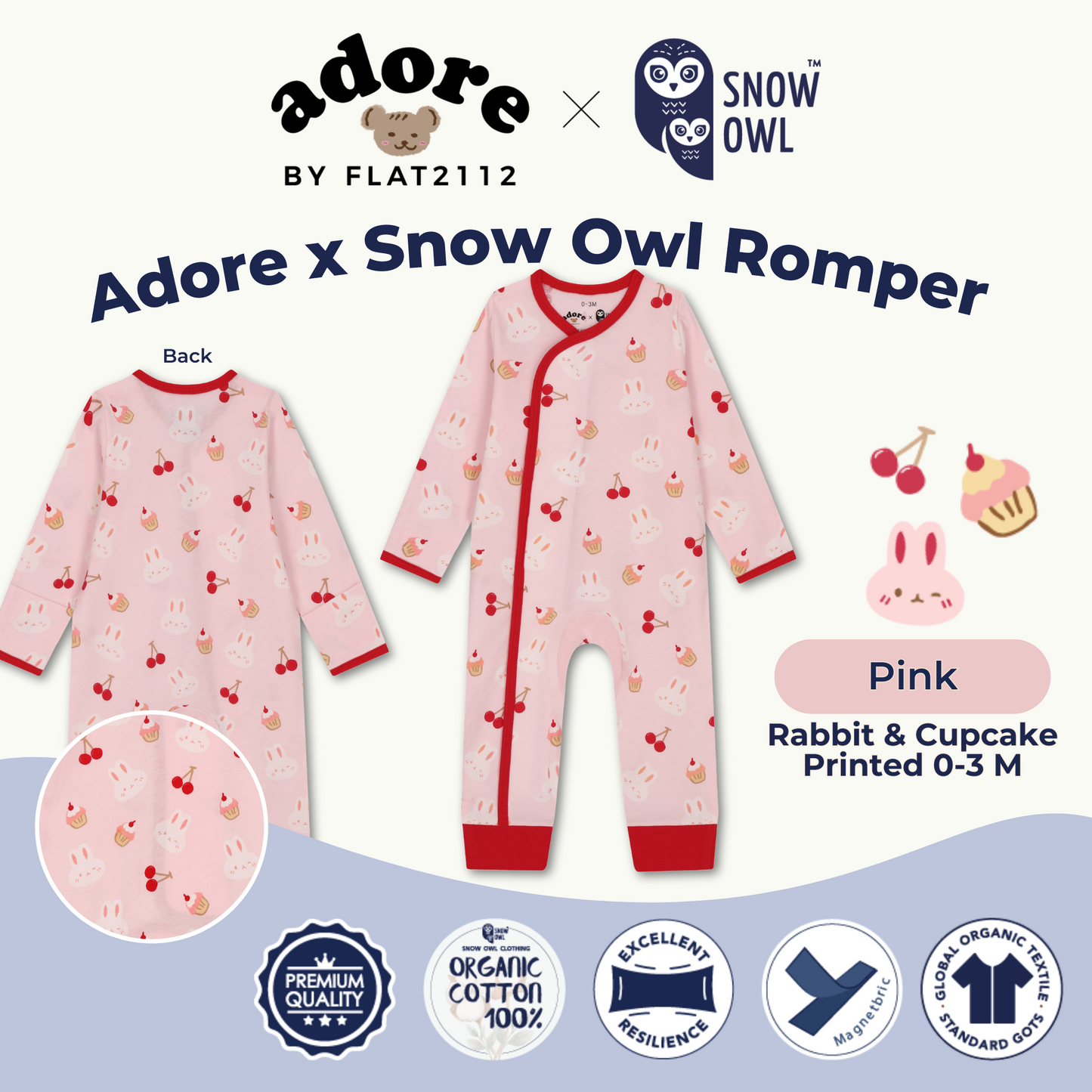 Adore x Snow Owl Romper - Rabbit & Cupcake Printed Pink 0-3 M
