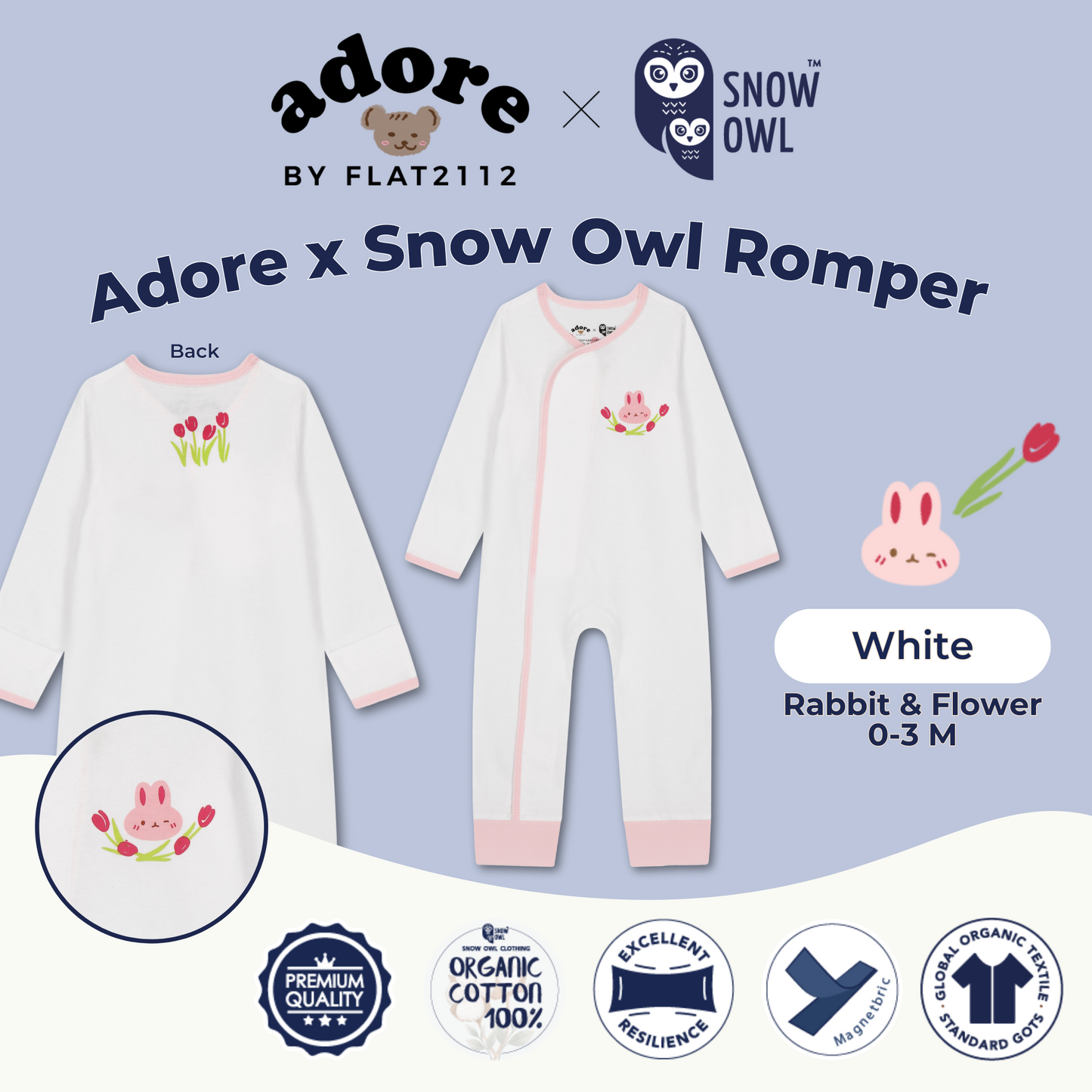 Adore x Snow Owl Romper - Rabbit & Flower White 0-3 M