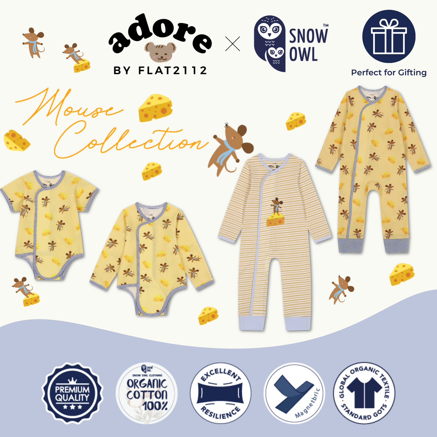 Adore x Snow Owl Body Suit - Mouse & Cheese Printed Yellow 0-3 M