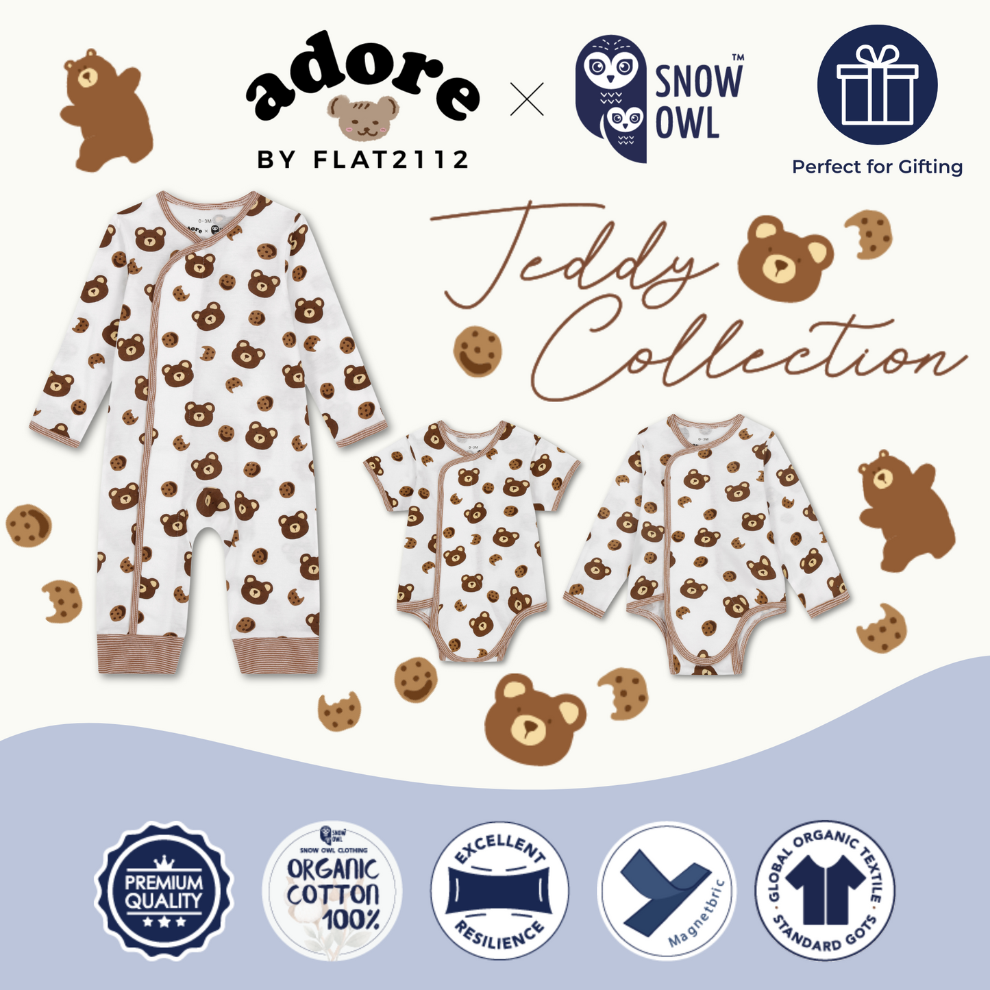 Adore x Snow Owl Long Sleeve Romper - Mini Bear & Cookie Beige 3-6 M