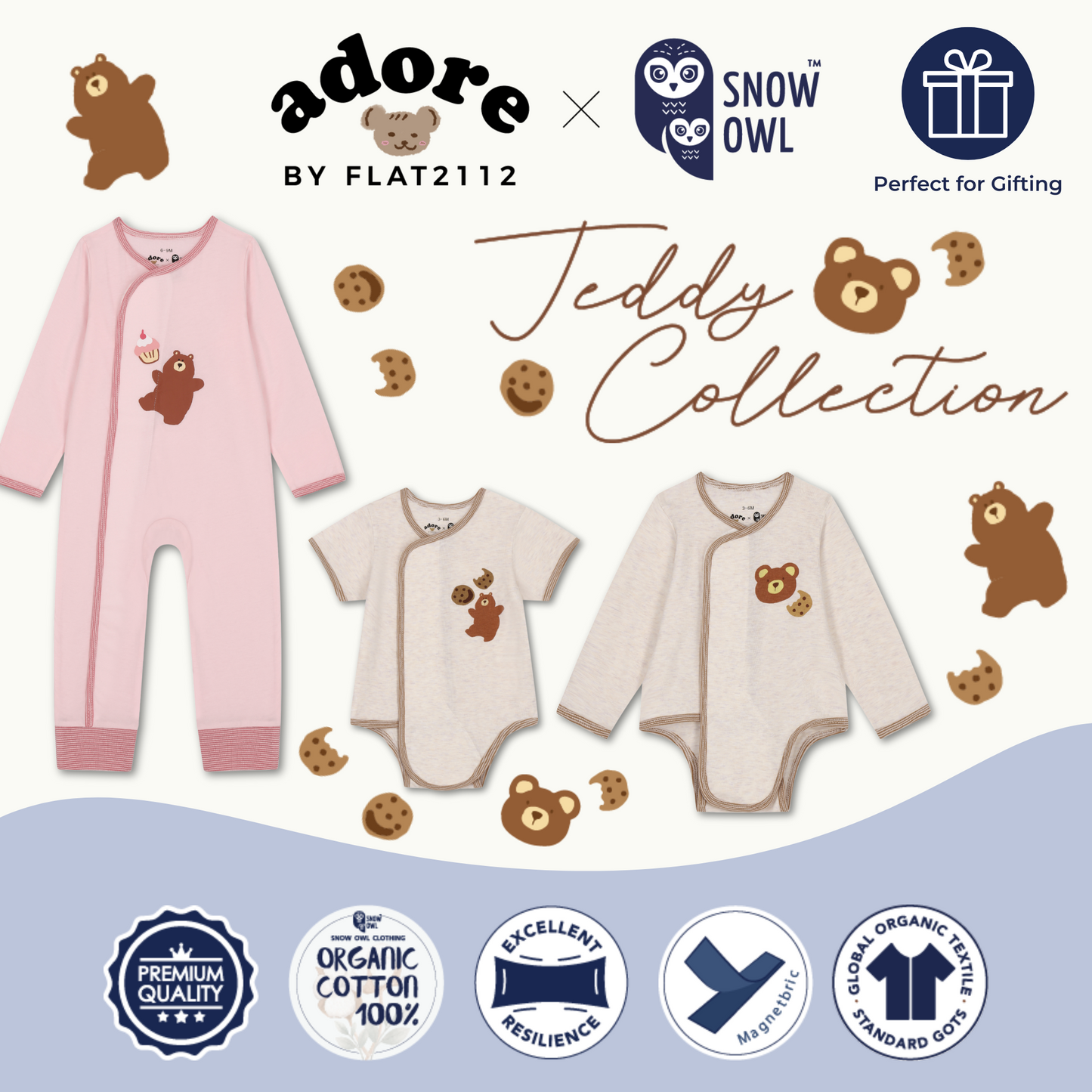 Adore x Snow Owl Long Sleeve Romper - Mini Bear & Cookie Beige 3-6 M