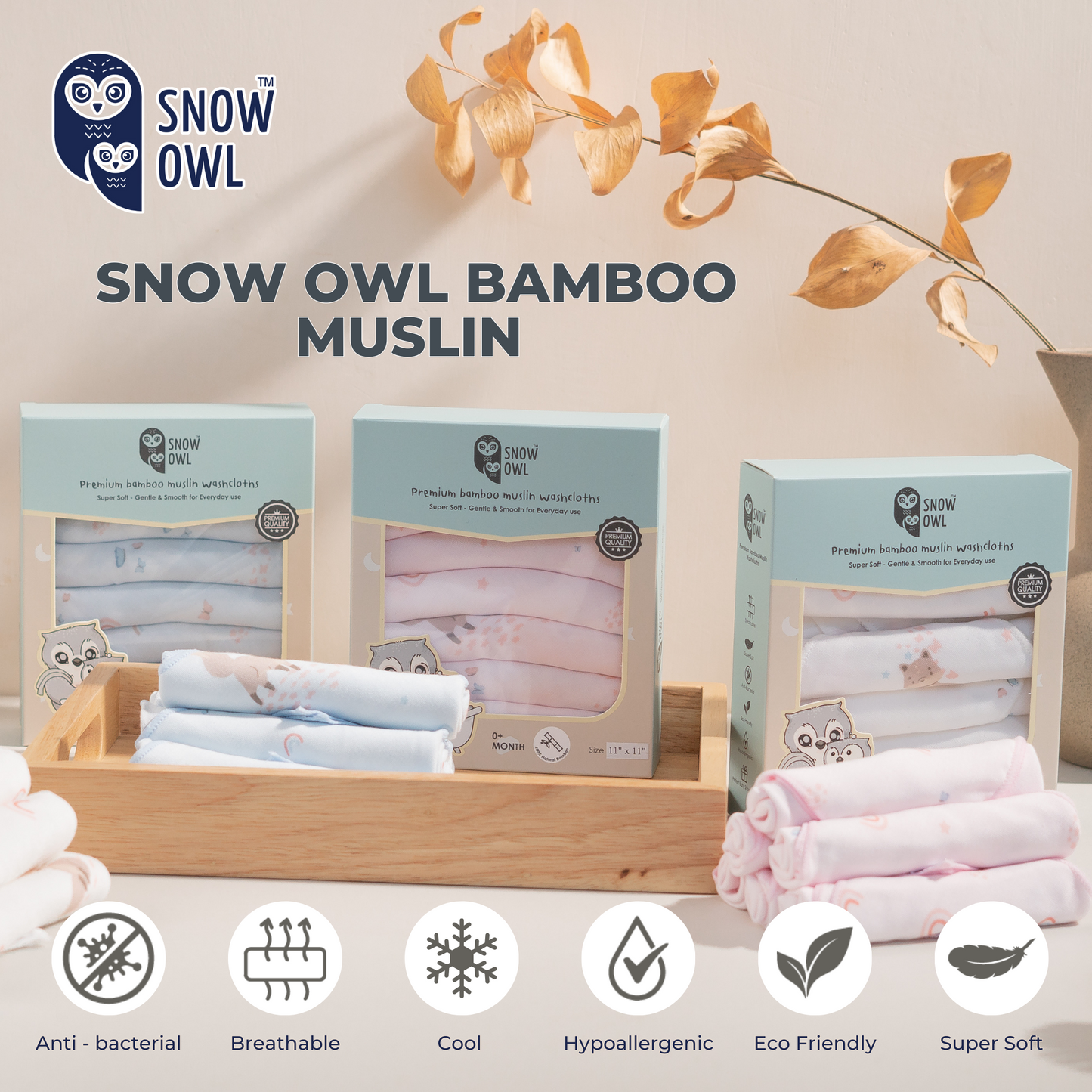 SNOW OWL BAMBOO Muslin 11x11 Pack of 6 - Spring Fox Pink