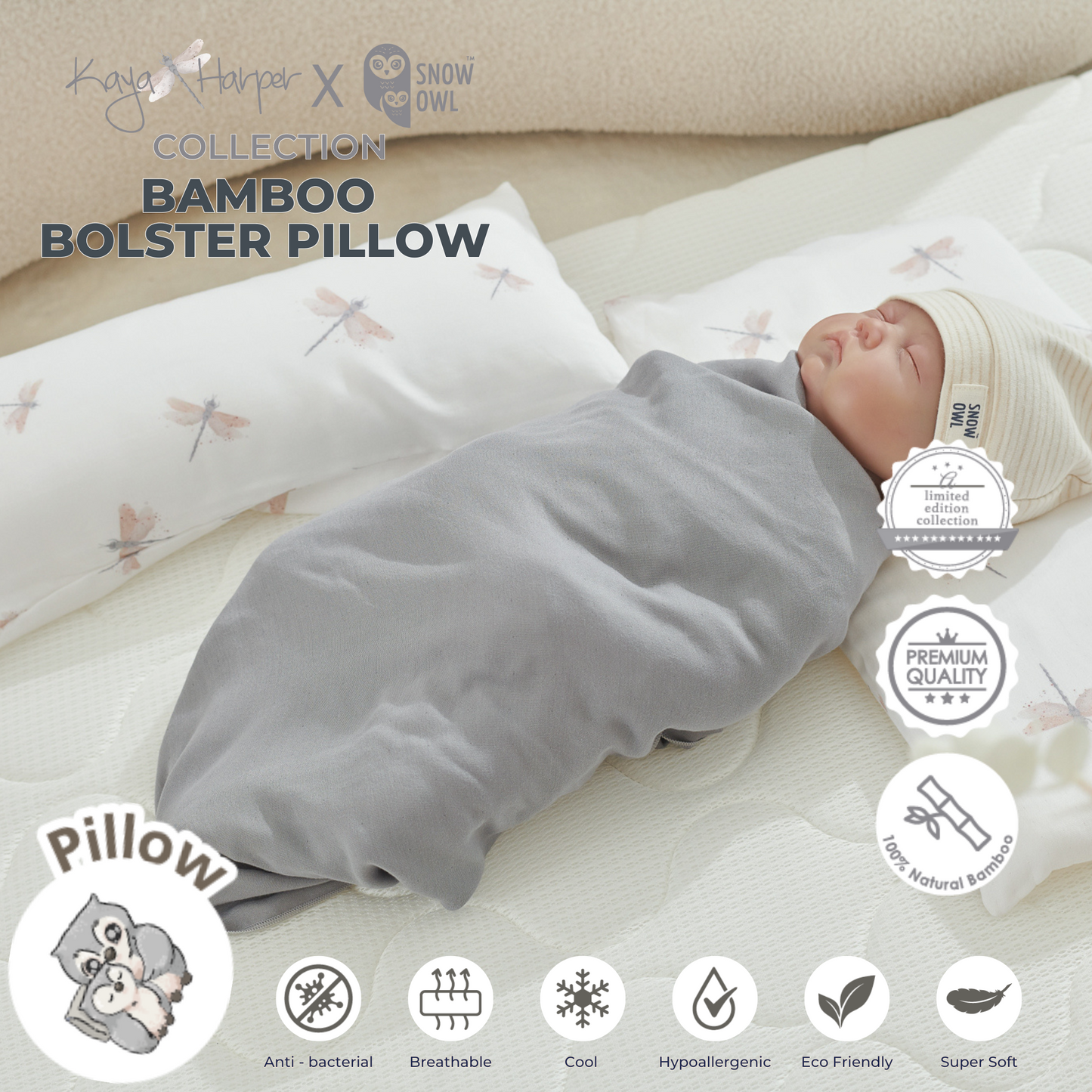 Snow Owl Bamboo Bolster Pillow Kaya Harper - Dragon Fly