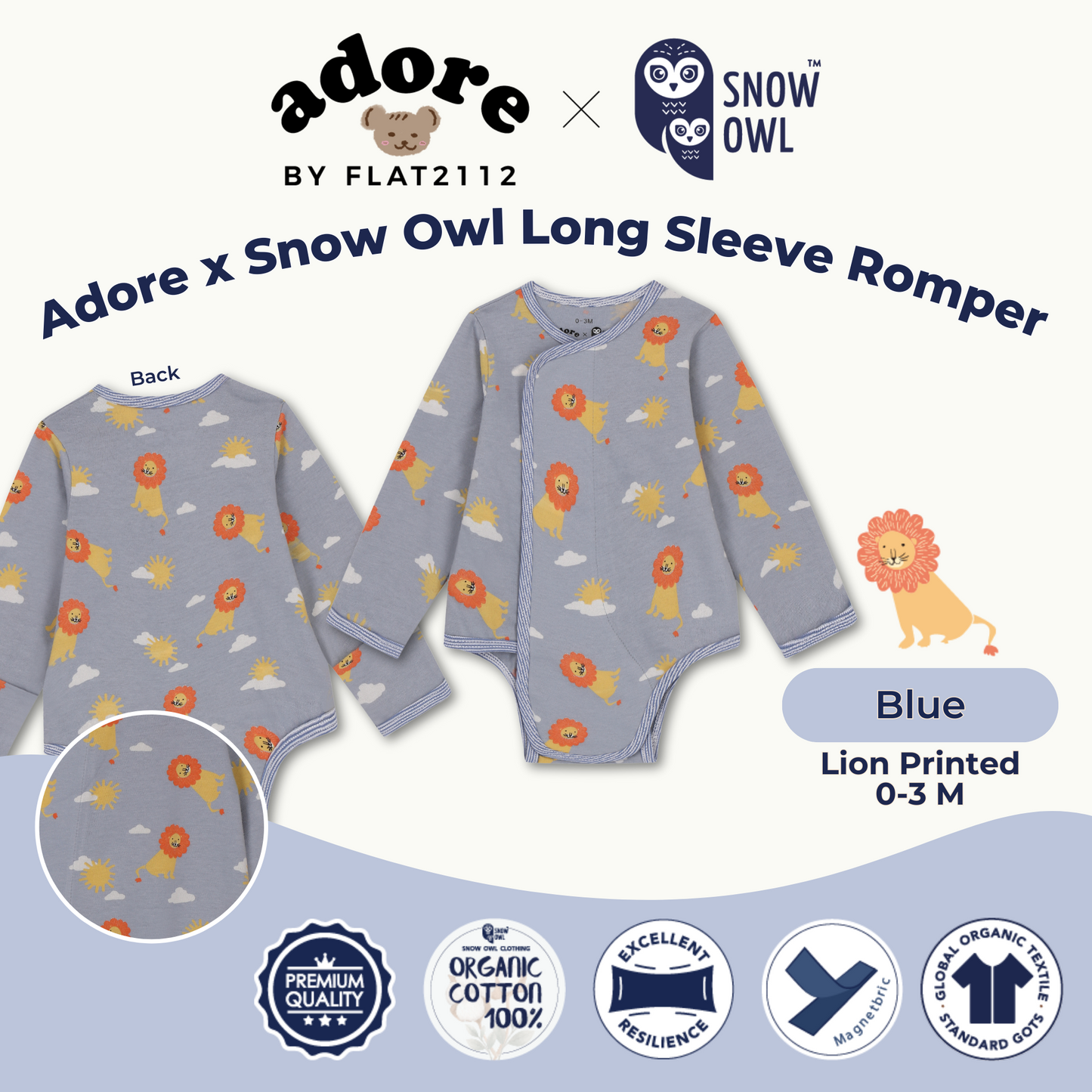 Adore x Snow Owl Long Sleeve Romper - Lion Printed Blue 0-3 M