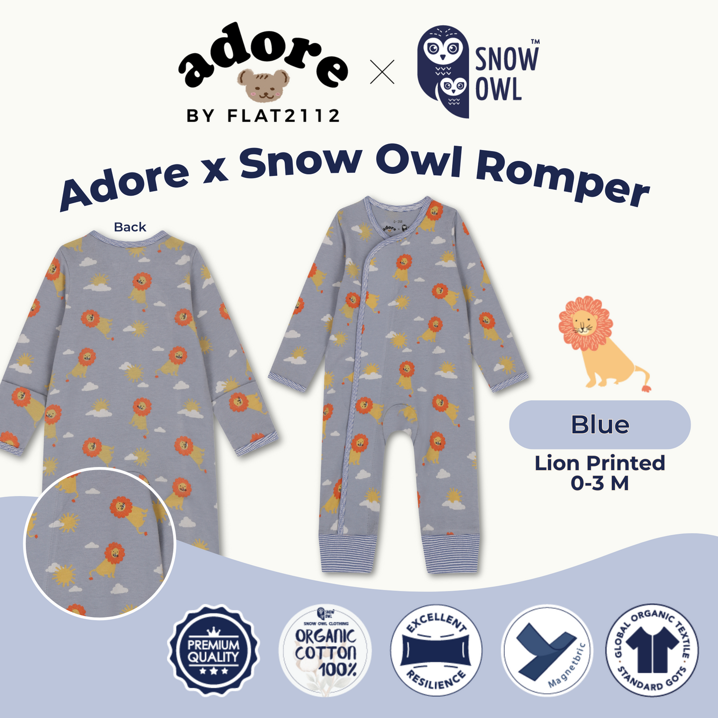 Adore x Snow Owl Romper - Lion Printed Blue 0-3 M