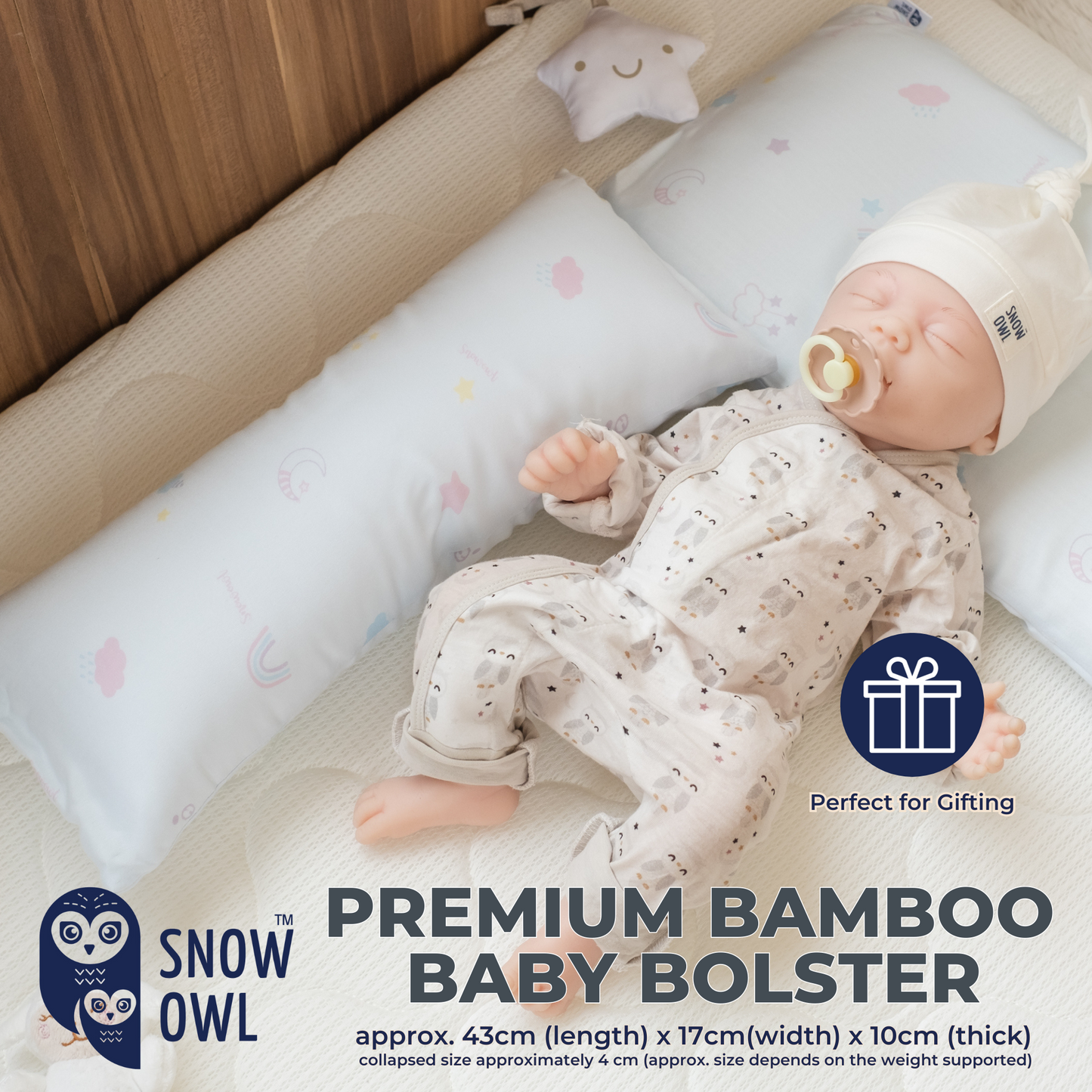 Snow Owl Bamboo Baby Bolster- Lovely Sky Blue