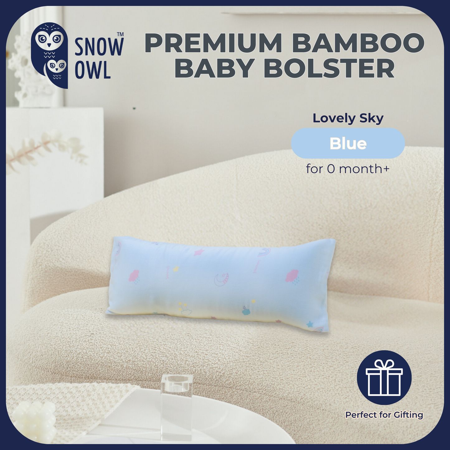 Snow Owl Bamboo Baby Bolster- Lovely Sky Blue