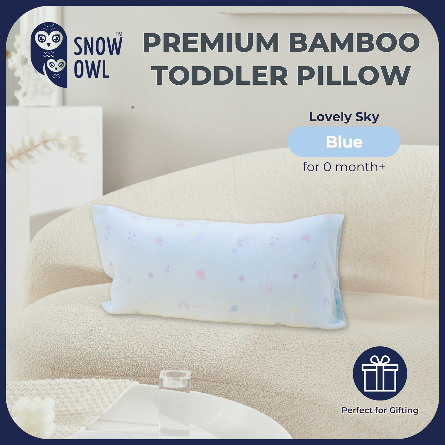SNOW OWL BAMBOO Toddler Pillow - Lovely Sky Blue