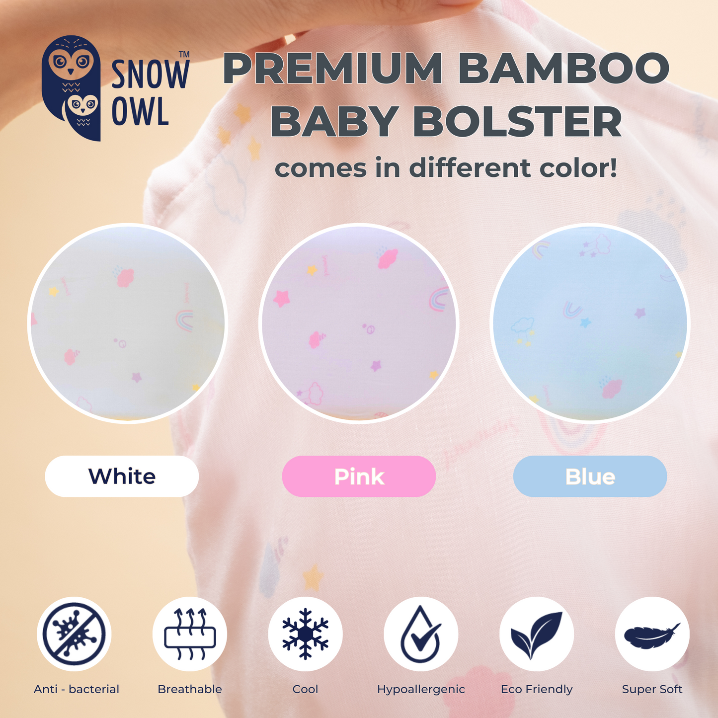 Snow Owl Bamboo Baby Bolster- Lovely Sky White