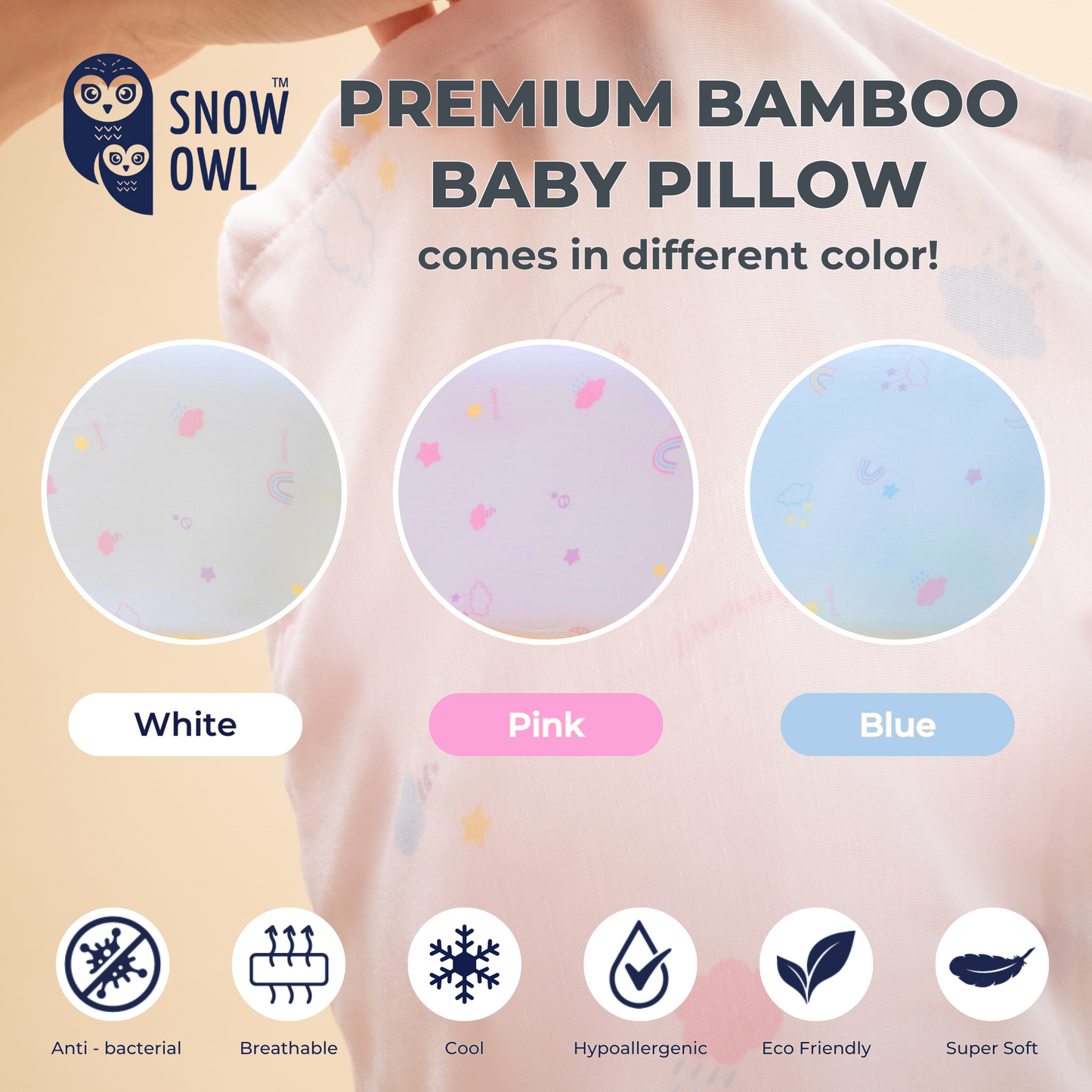 Snow Owl Bamboo Baby Pillow - Lovely Sky Pink