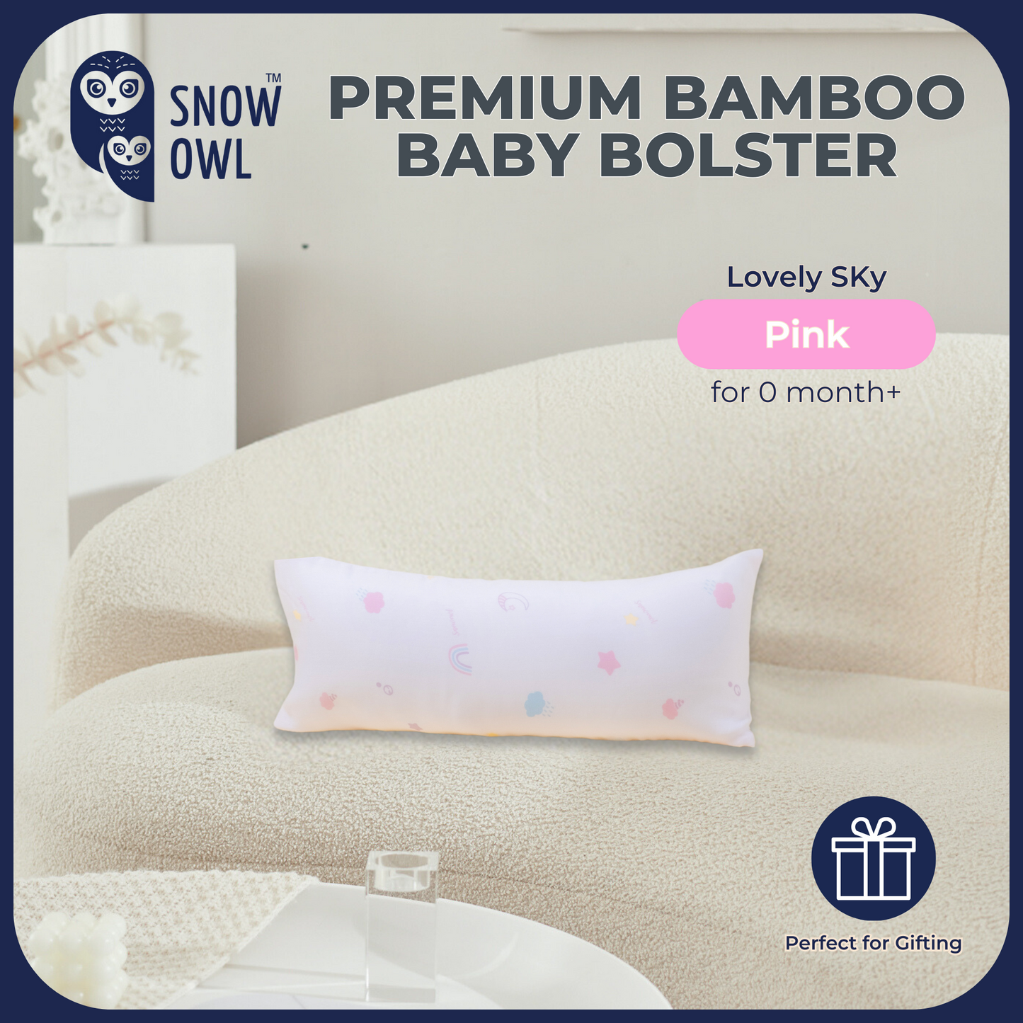Snow Owl Bamboo Baby Bolster- Lovely Sky Pink