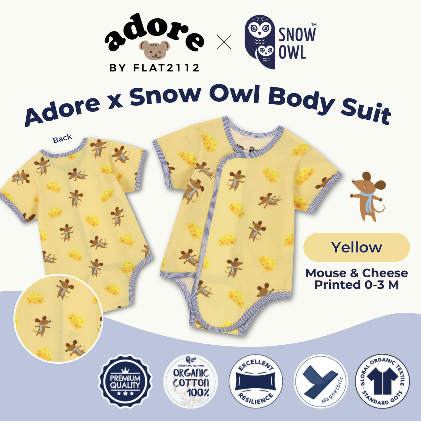 Adore x Snow Owl Body Suit - Mouse & Cheese Printed Yellow 0-3 M