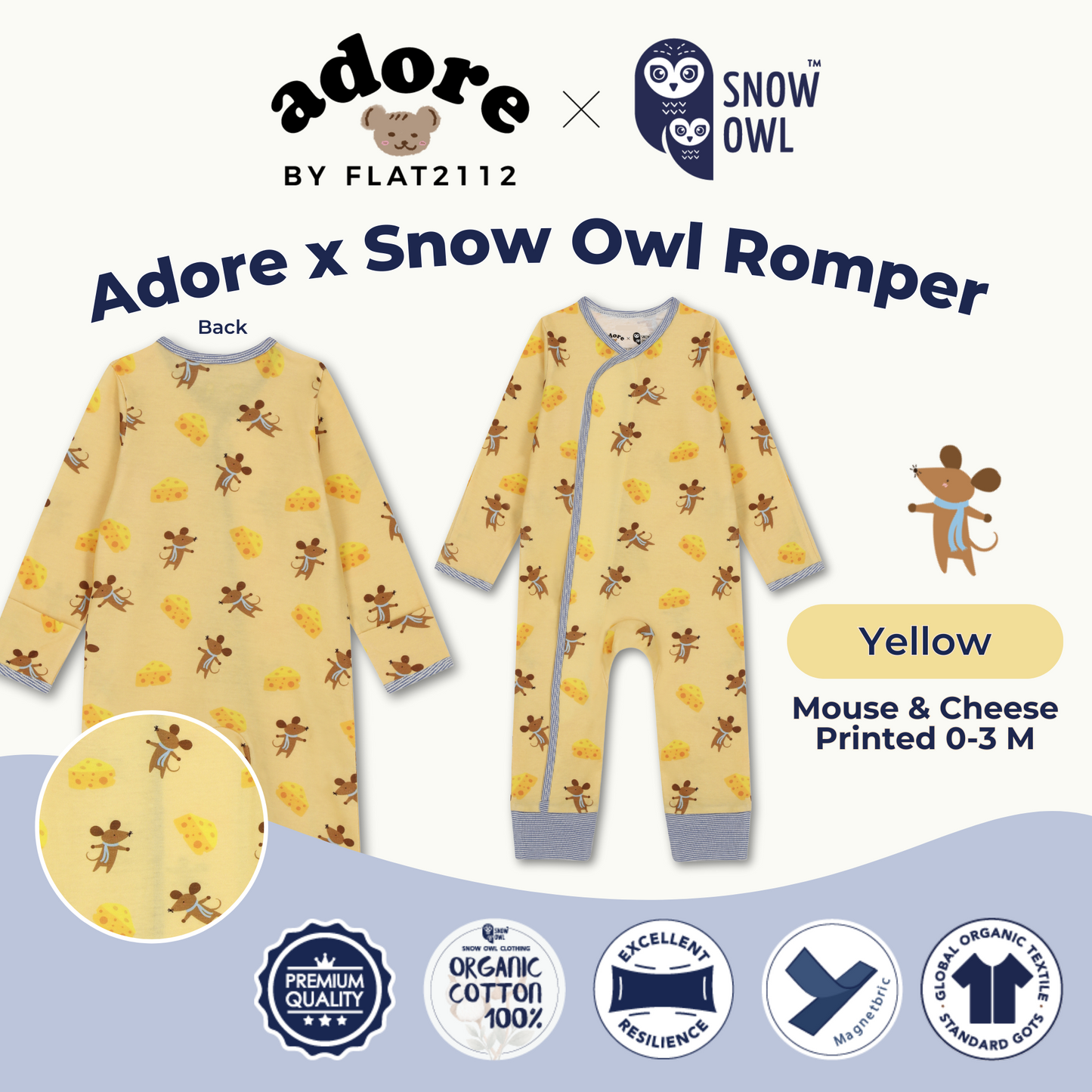 Adore x Snow Owl Romper - Mouse & Cheese Printed Yellow 0-3 M