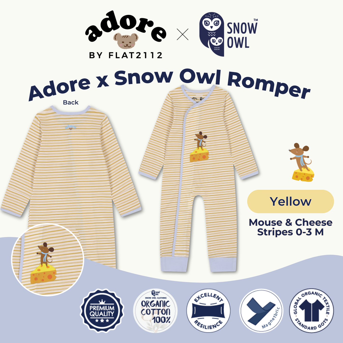 Adore x Snow Owl Romper - Mouse & Cheese Yellow Stripes 0-3 M