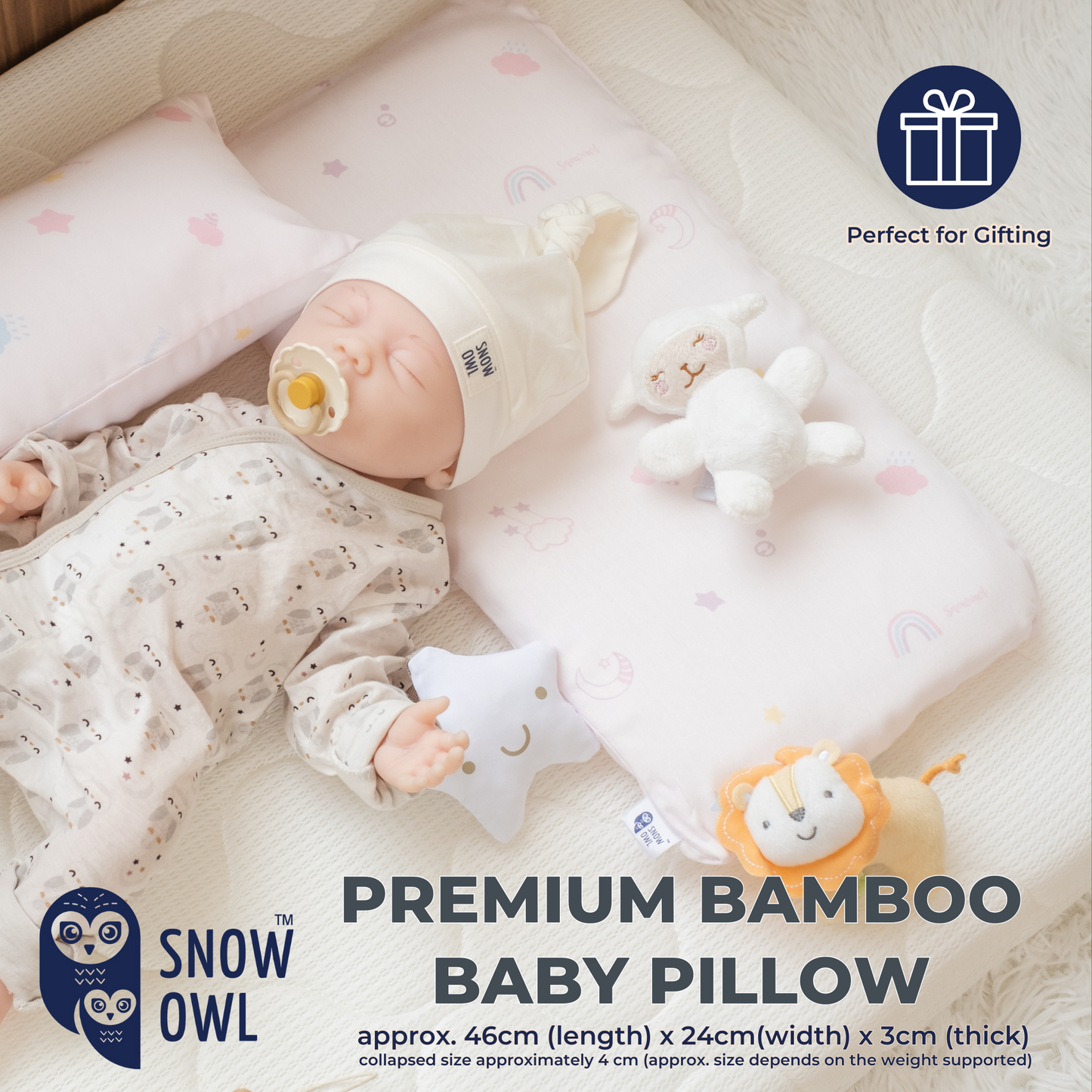 Snow Owl Bamboo Baby Pillow - Lovely Sky Pink