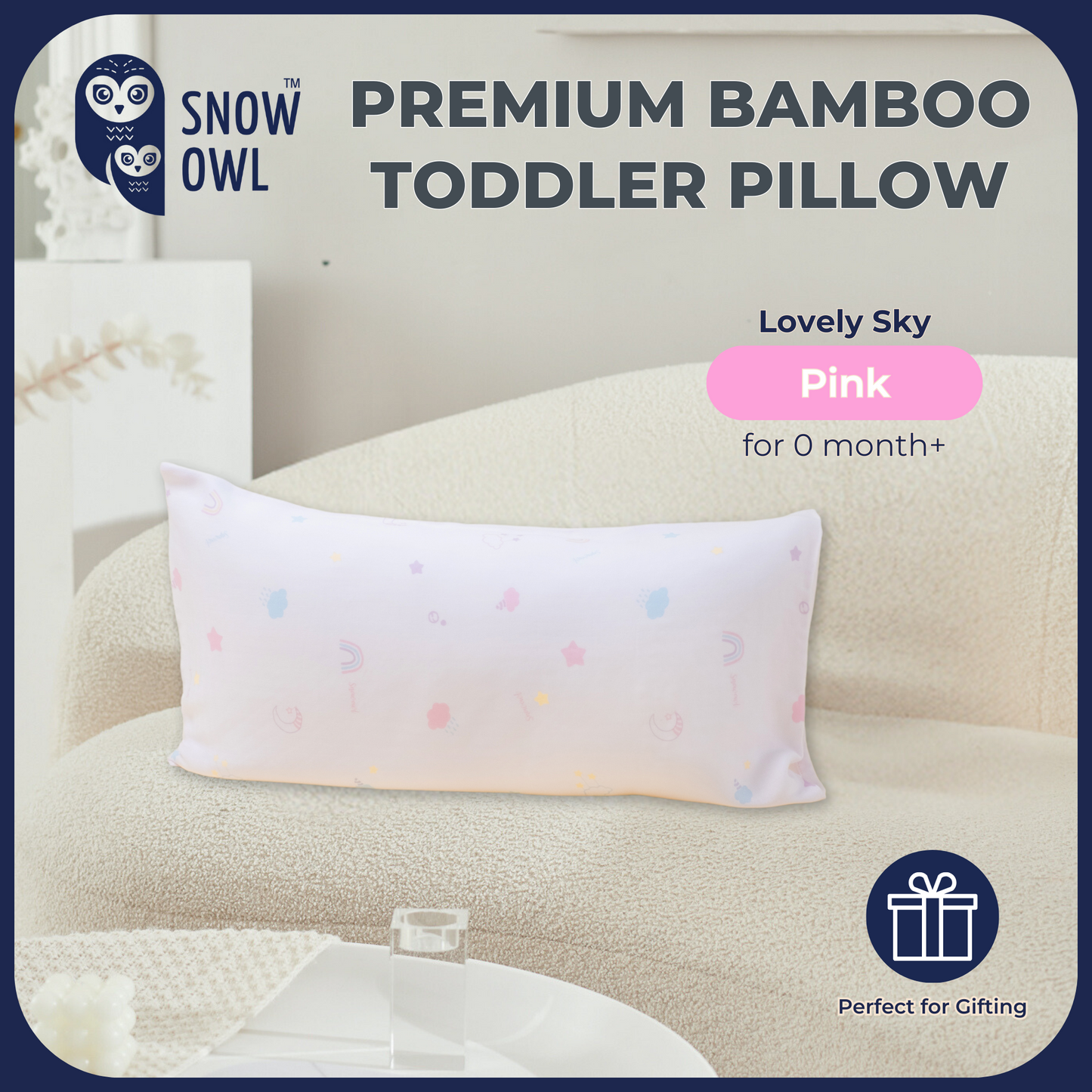 SNOW OWL BAMBOO Toddler Pillow - Lovely Sky Pink