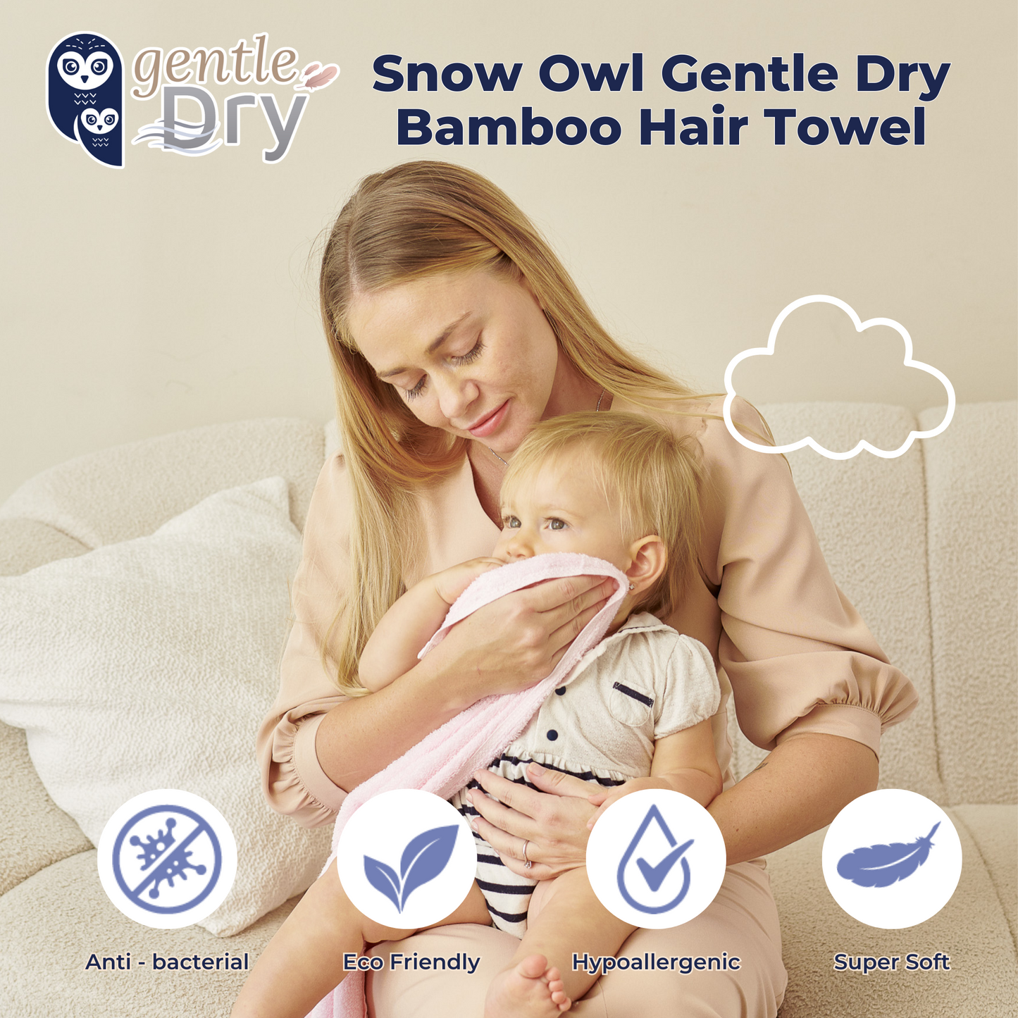 Snow Owl Gentle Dry Bamboo Hair Towel - Pink