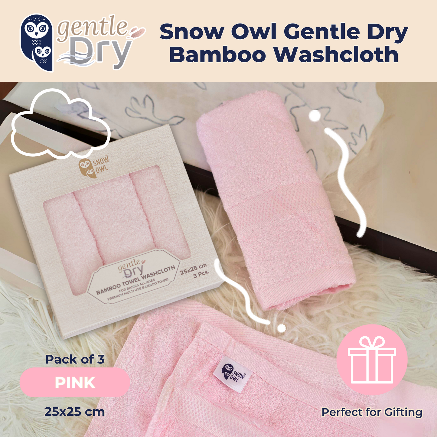 Snow Owl Gentle Dry Bamboo Washcloth - Pink (Pack of 3)