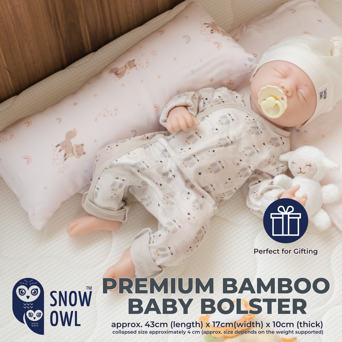 Snow Owl Bamboo Baby Bolster- Spring Fox Pink