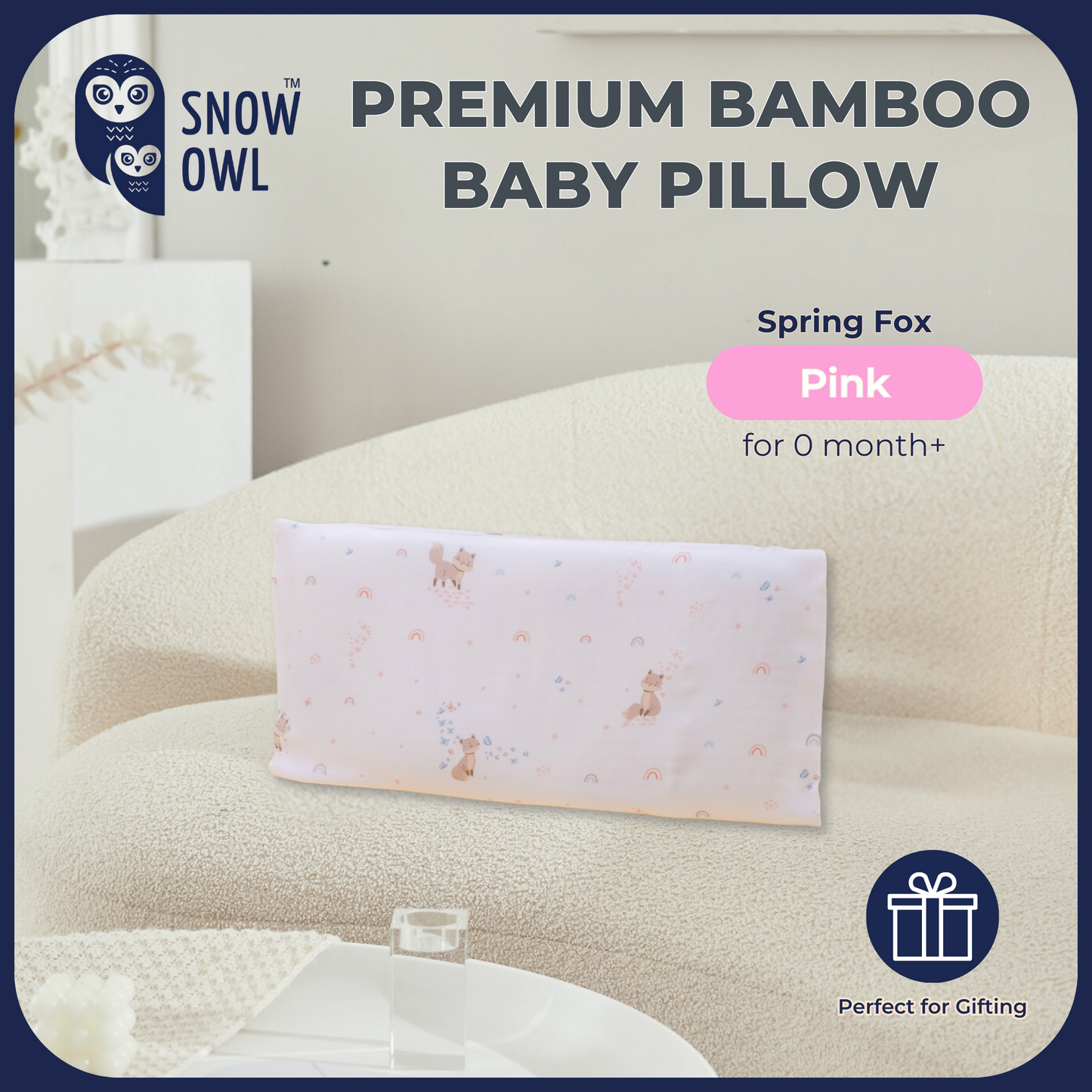 Snow Owl Bamboo Baby Pillow - Spring Fox Pink
