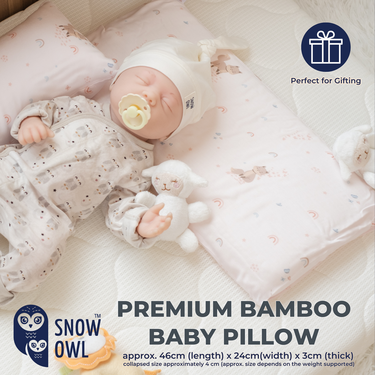 Snow Owl Bamboo Baby Pillow - Spring Fox Pink
