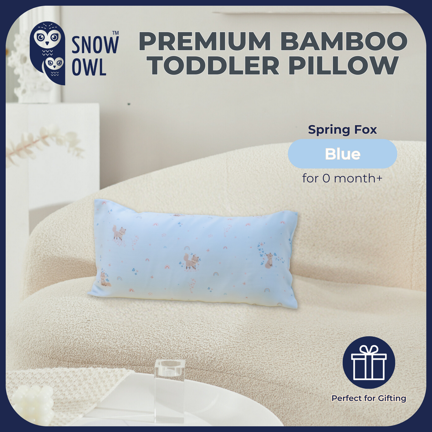 SNOW OWL BAMBOO Toddler Pillow - Spring Fox Blue
