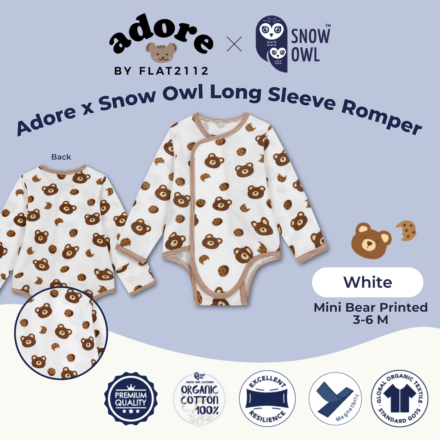 Adore x Snow Owl Long Sleeve Romper - Mini Bear Printed White 3-6 M