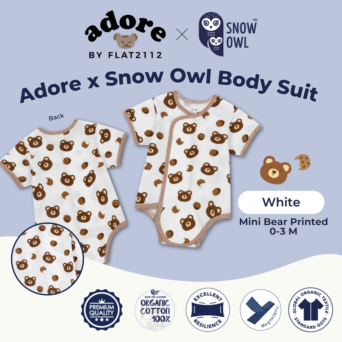 Adore x Snow Owl  Body Suit - Mini Bear Printed White 0-3 M