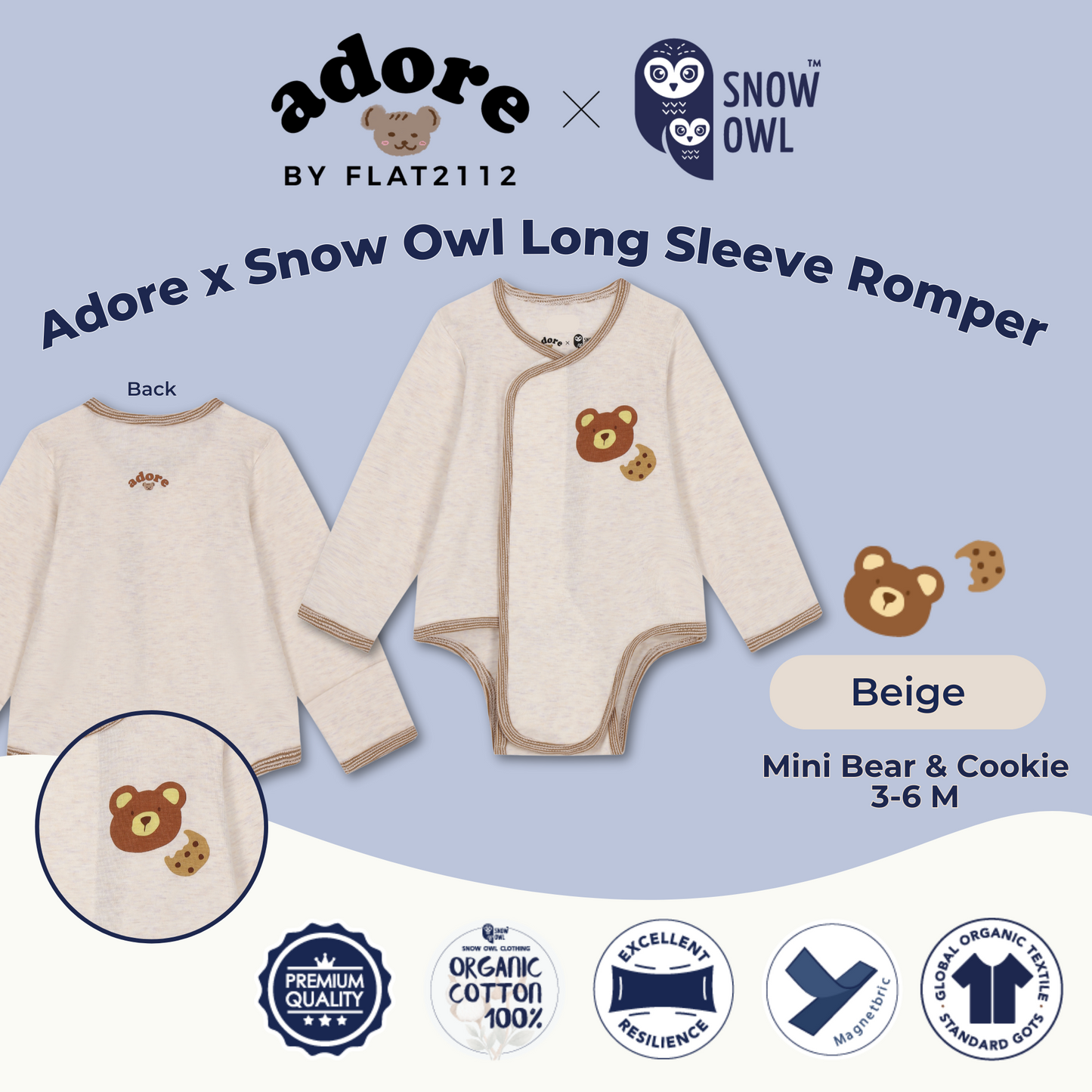 Adore x Snow Owl Long Sleeve Romper - Mini Bear & Cookie Beige 3-6 M